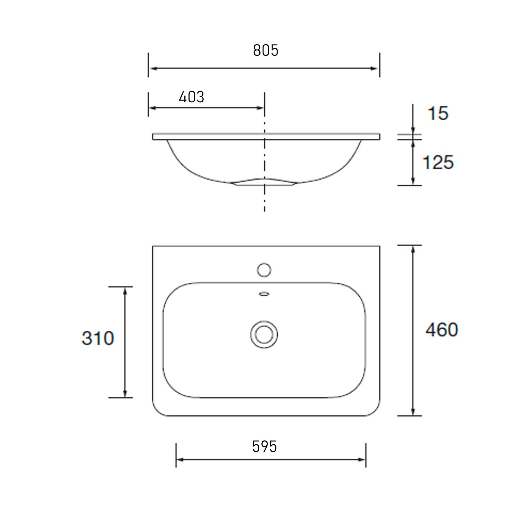 Technische Zeichnung eines Waschbeckens. Breite: 805mm, Tiefe: 460mm, Beckenhöhe: 125mm. Wasserhahlloch in der Mitte. Beckenbreite: 595mm, Tiefe: 310mm.