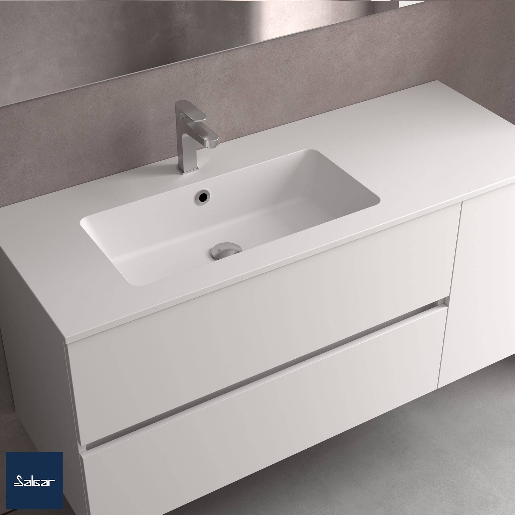 Moderner weißer Badezimmerwaschtisch mit integriertem Waschbecken und elegantem Wasserhahn, zwei geräumigen Schubladen darunter, vor einem minimalistischen Wandhintergrund.