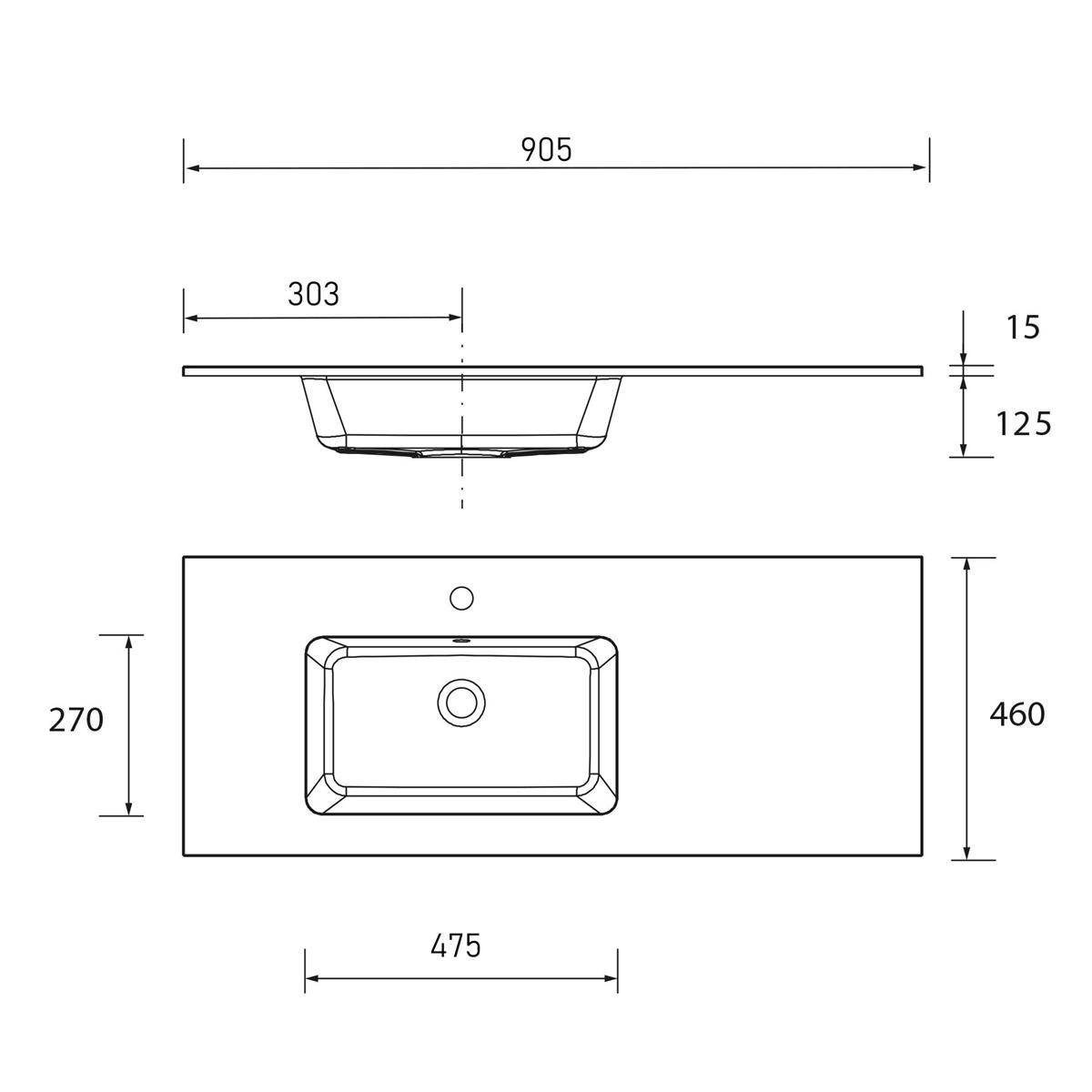 Technische Zeichnung eines rechteckigen Waschbeckens und einer Arbeitsplatte mit Vorder- und Draufsicht, mit beschrifteten Maßen 905, 303, 15, 125, 270, 460 und 475.