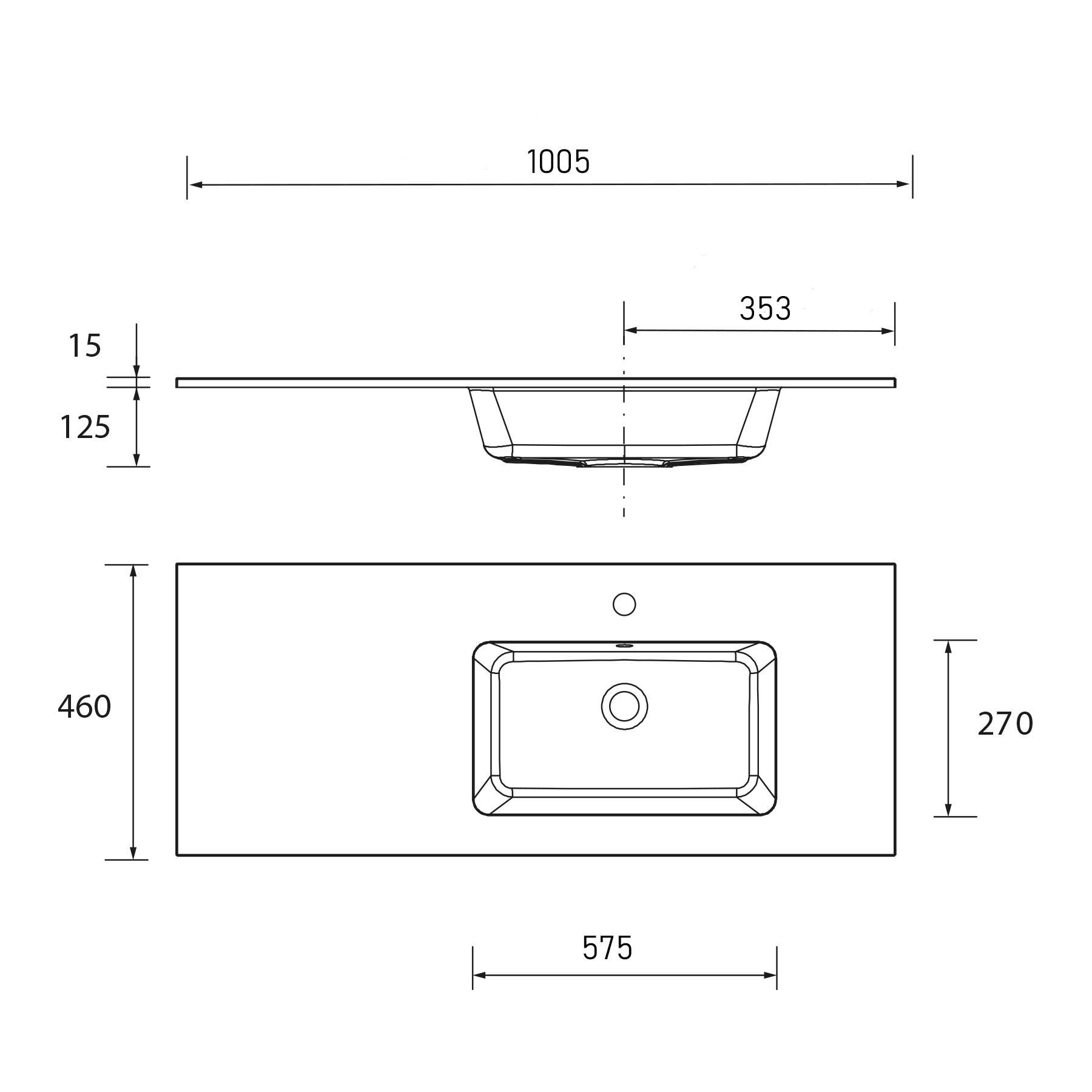 Technische Zeichnung einer rechteckigen Waschtischplatte. Abmessungen: Breite 1005 mm, Tiefe 460 mm, Höhe 125 mm. Waschbecken mittig platziert.