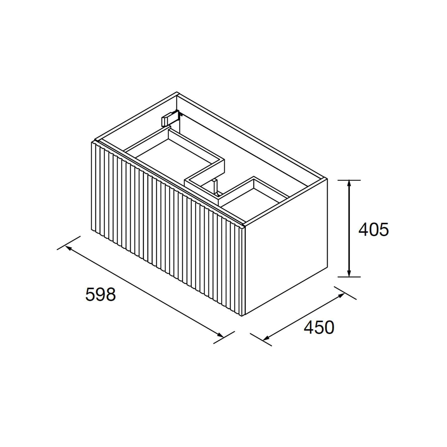Isometrische Darstellung einer Box mit Innentrennwänden; Abmessungen betragen 598x450 Millimeter und 405 Millimeter in der Höhe.