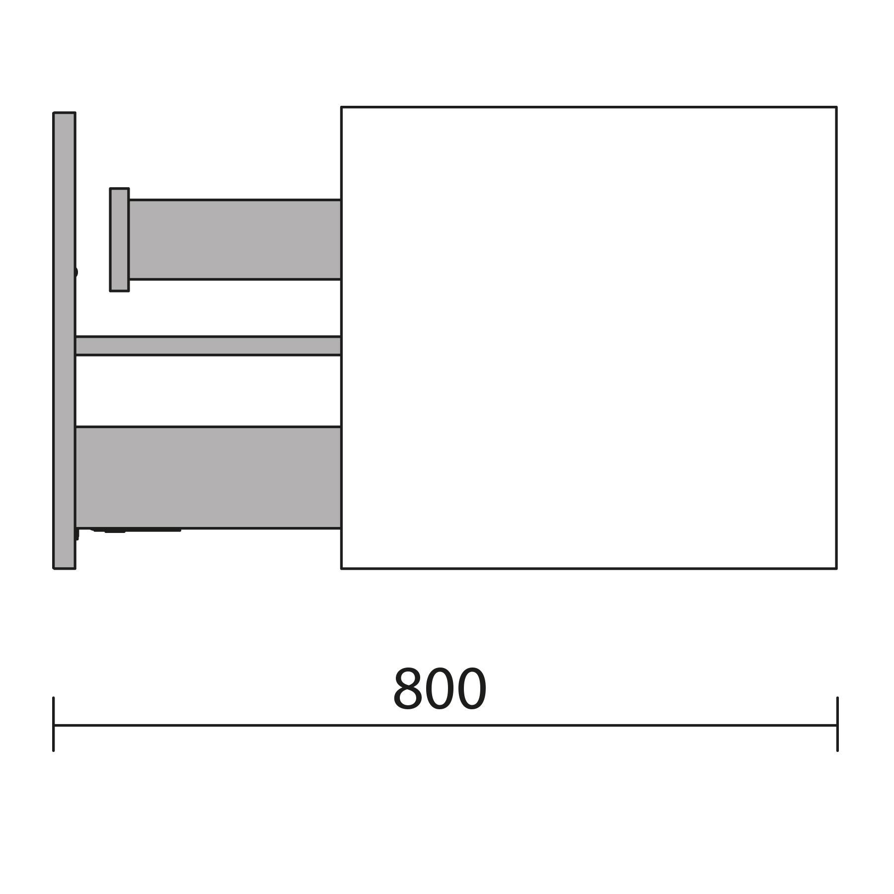 Seitenansichtsdiagramm eines wandmontieren Geräts mit Abmessungen: 800 Einheiten horizontal von der Wand bis zum Ende des Geräts.