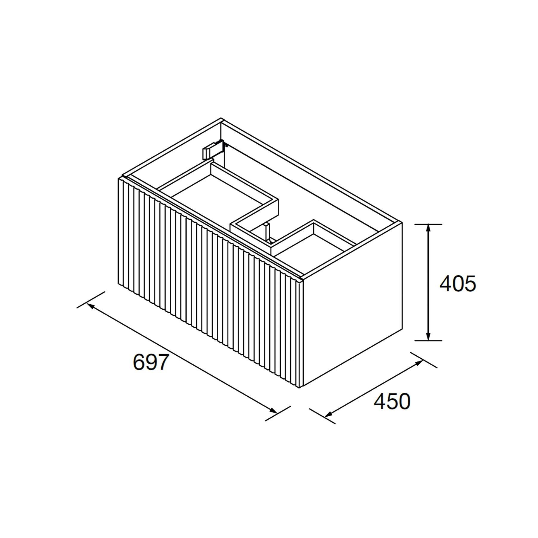 Isometrische Zeichnung einer rechteckigen Box mit Abmessungen: 697 bei 450 mit einer Höhe von 405, die Innenräume zeigt.