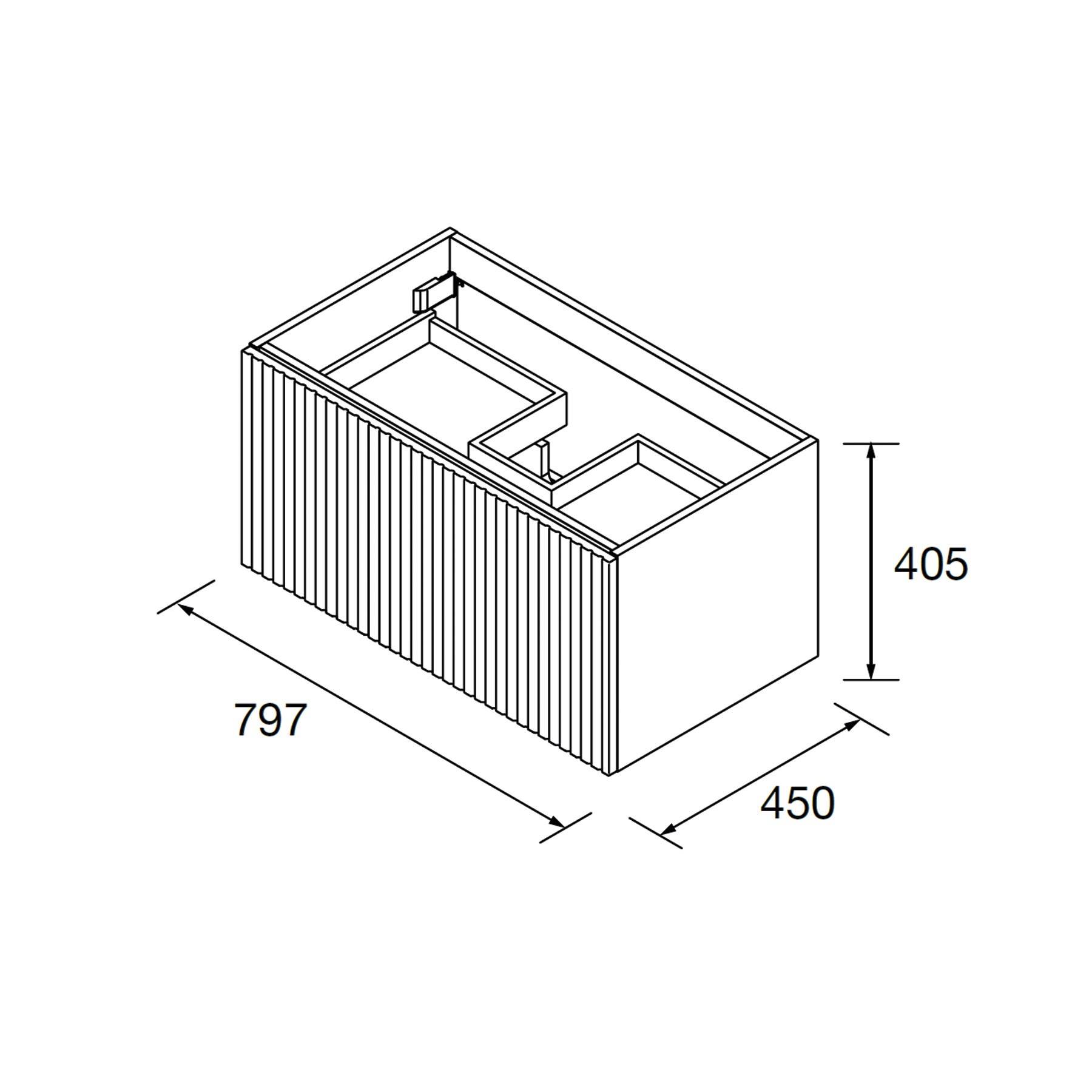 Isometrische Darstellung einer rechteckigen Box mit beschrifteten Abmessungen: 797 mm Länge, 450 mm Breite, 405 mm Höhe.