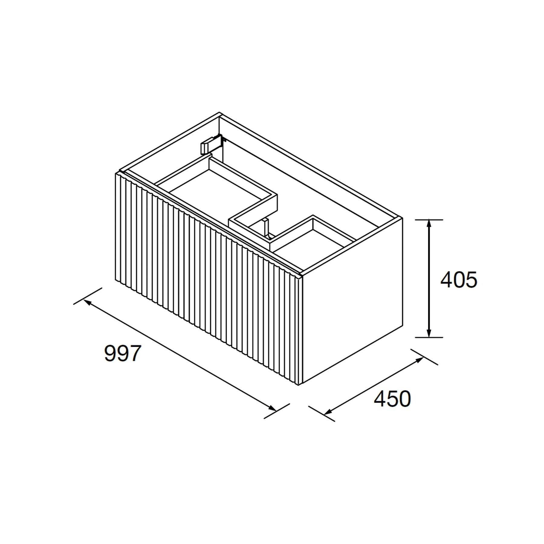 Diagramm eines rechteckigen Behälters mit den Abmessungen: 997 Länge, 450 Breite und 405 Höhe, mit zwei inneren Kompartimenten.