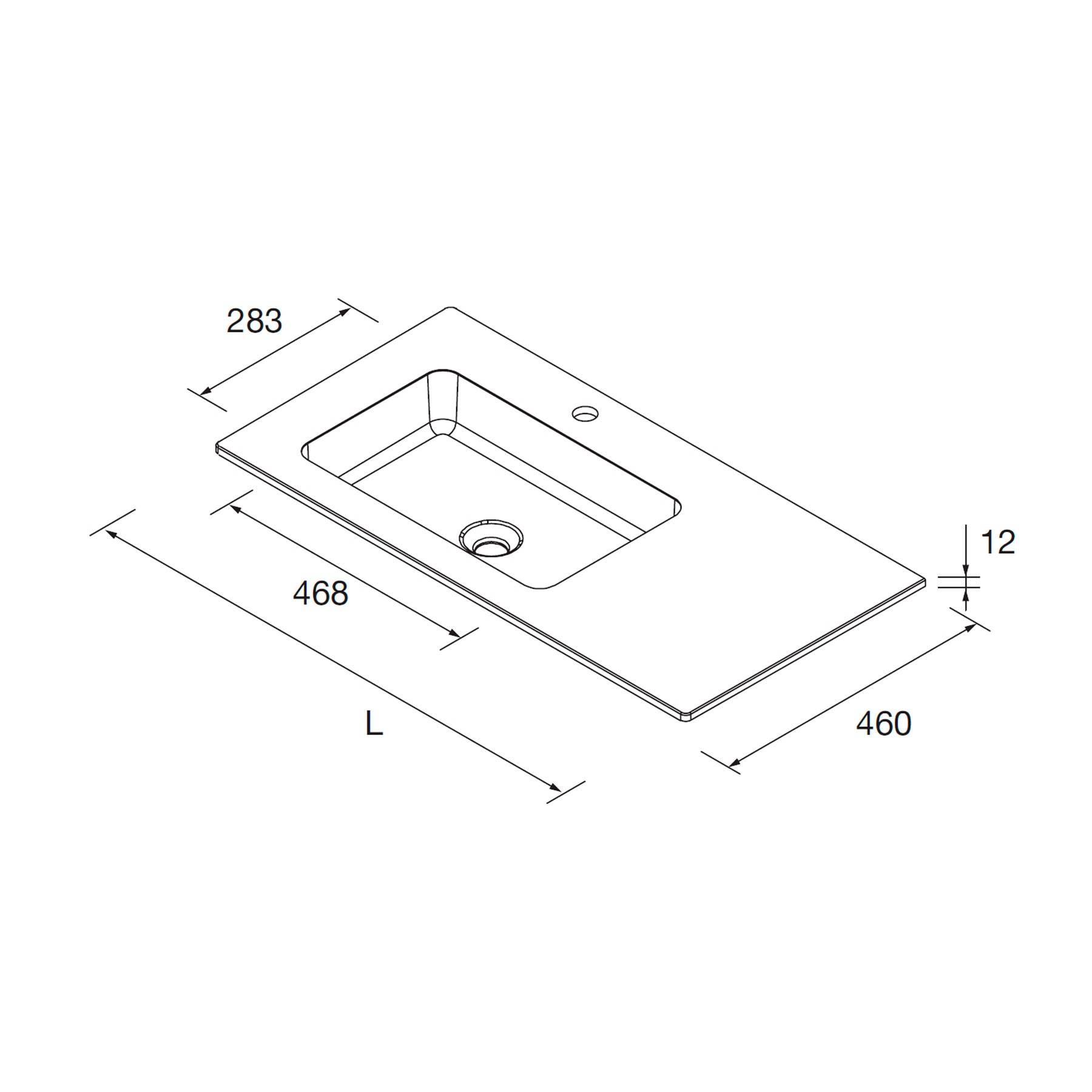 Linienzeichnung eines rechteckigen Waschbeckens mit Abmessungen: Länge 468 mm, Breite 460 mm, Höhe 12 mm. Das Waschbecken ist nach links versetzt.