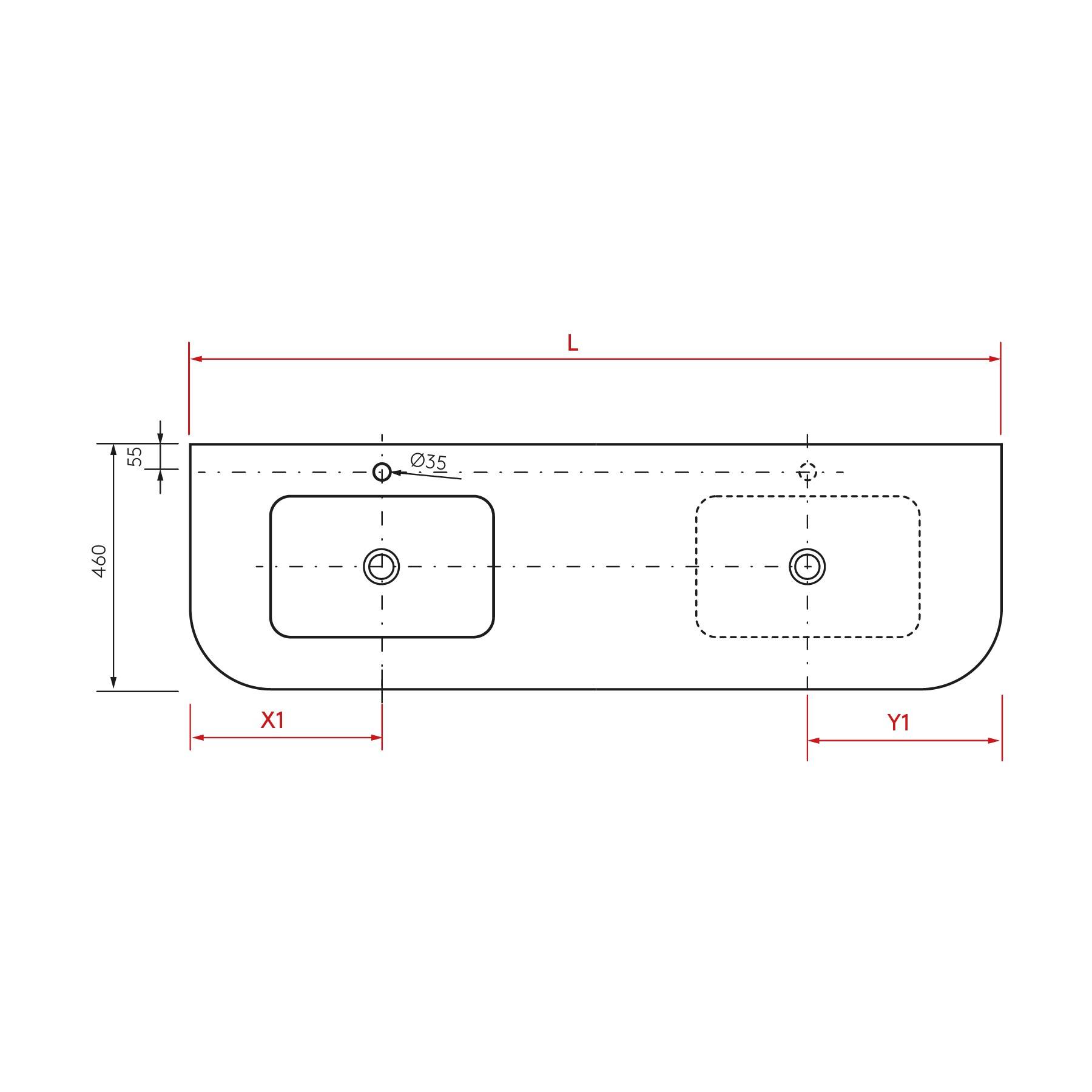 Eine technische Zeichnung eines rechteckigen Waschbeckens mit zwei Abschnitten, die mit X1 und Y1 gekennzeichnet sind. Abmessungen: Länge (L), Breite (440), Wasserhahllöcher (Ø35).