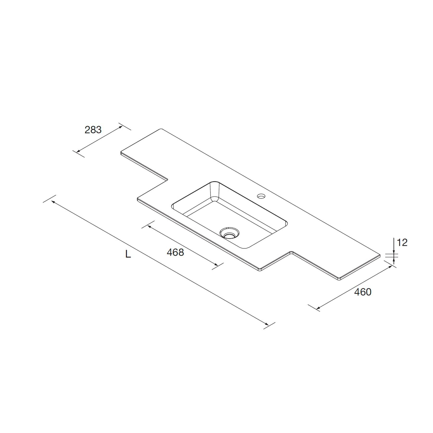 Diagramm eines rechteckigen Waschbeckens mit Maßangaben: Länge (L), Breite 460 mm, Tiefe 12 mm und Beckenbreite 468 mm.
