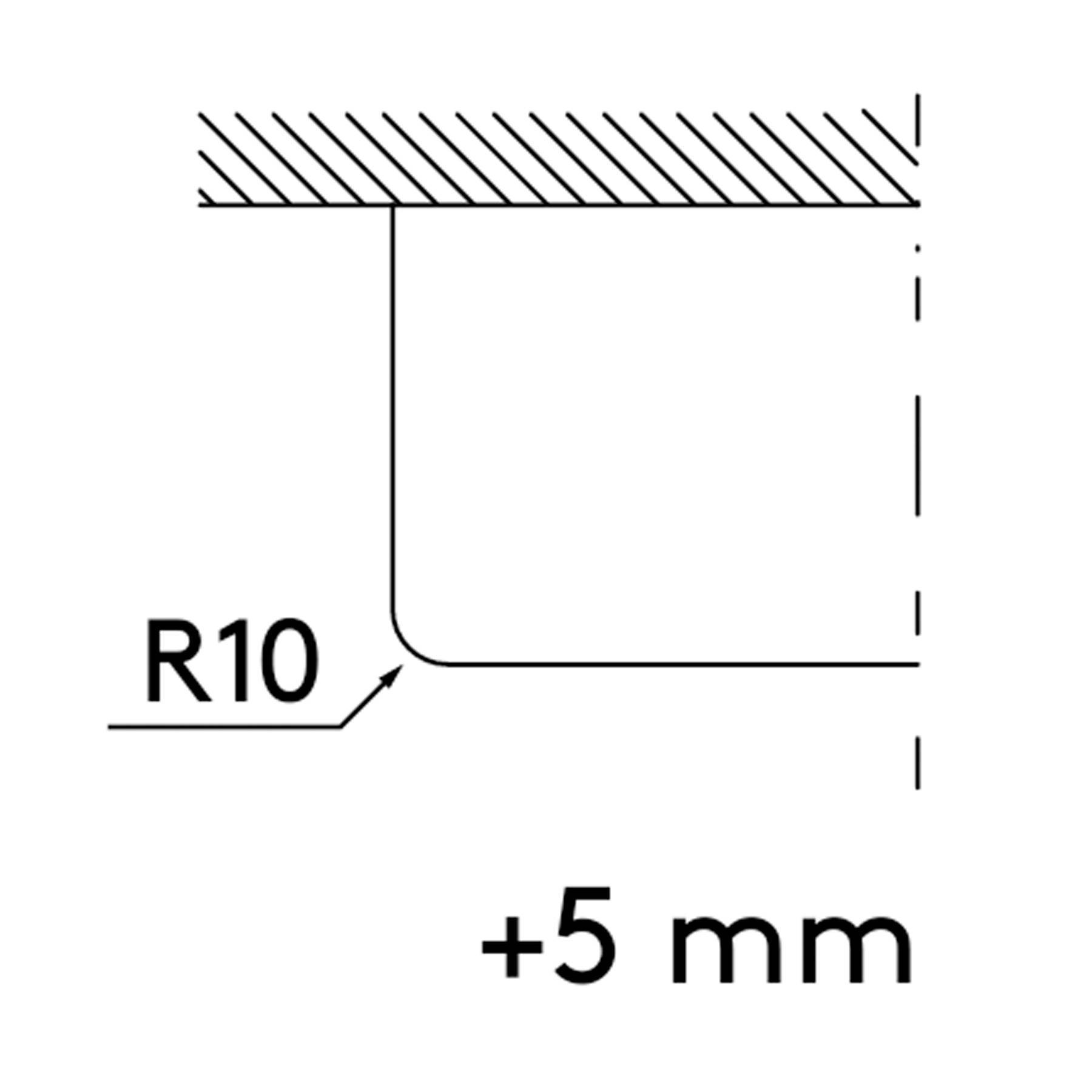 Diagramm, das eine abgerundete Ecke mit einem Radius von 10 mm zeigt, mit der Bezeichnung 'R10' und einem Versatz von '+5 mm' von einer oberen Kante.