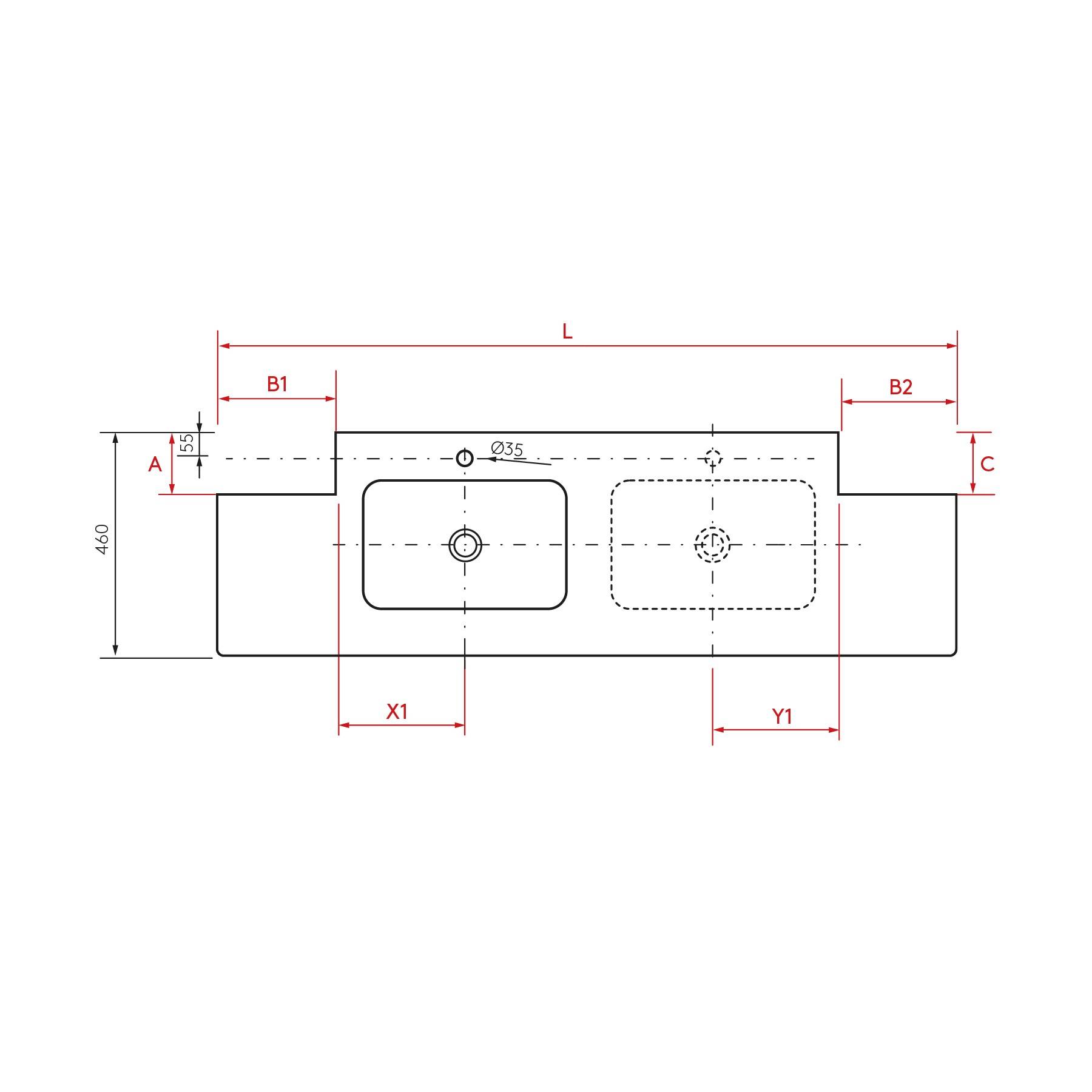 Technische Zeichnung einer Doppelwaschbecken-Anordnung mit beschrifteten Maßangaben: L für Länge, B1 und B2 für Breiten sowie X1, Y1 für Dimensionen.