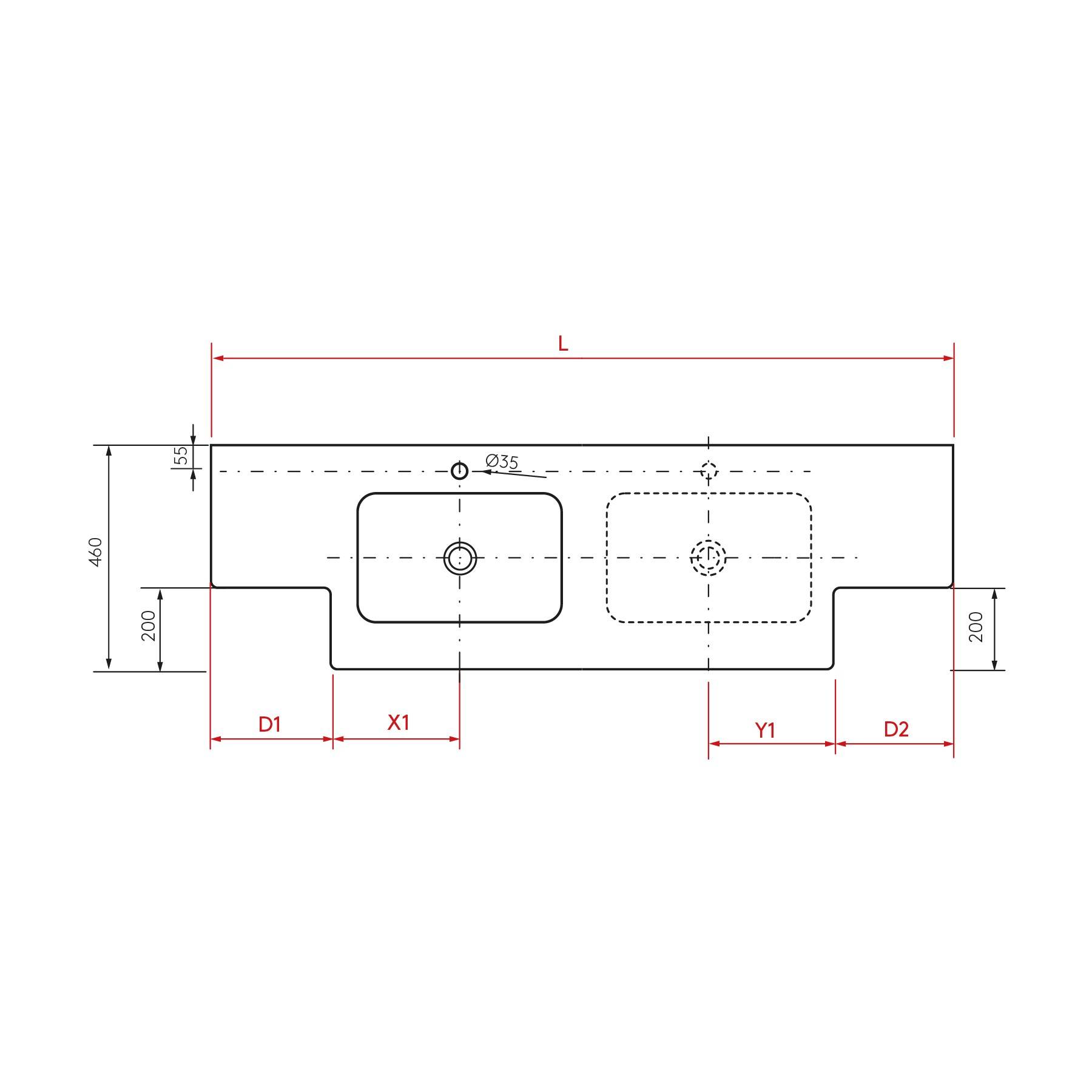 Technische Zeichnung einer Doppelwaschbecken-Arbeitsplatte mit beschrifteten Abmessungen und Installationsmarkierungen. Zeigt Waschbecken-Positionen und Rohrverlegung.