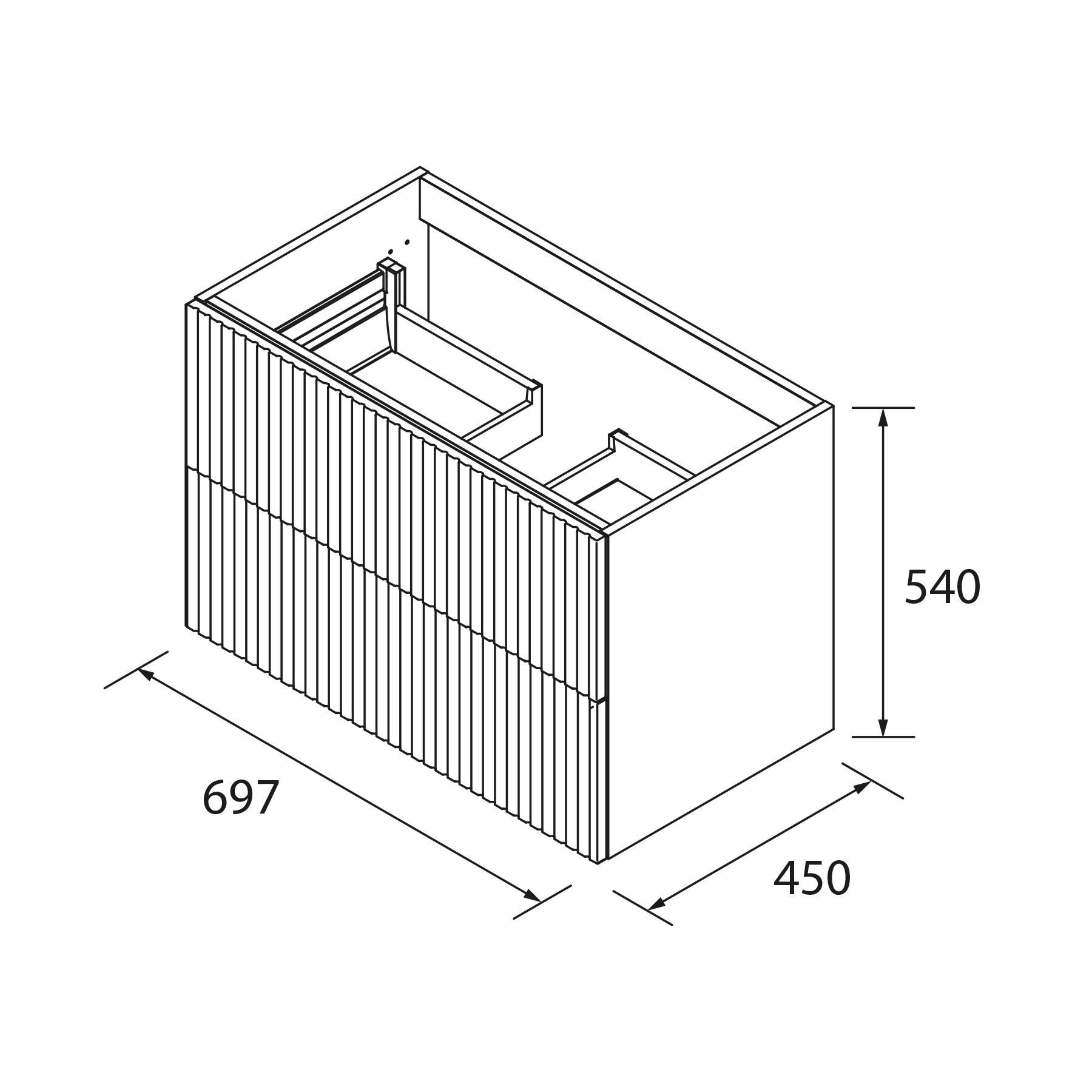 Eine Linienzeichnung eines rechteckigen Schranks mit folgenden Abmessungen: Breite 697 mm, Tiefe 450 mm, Höhe 540 mm. Ein Innenregal ist sichtbar.
