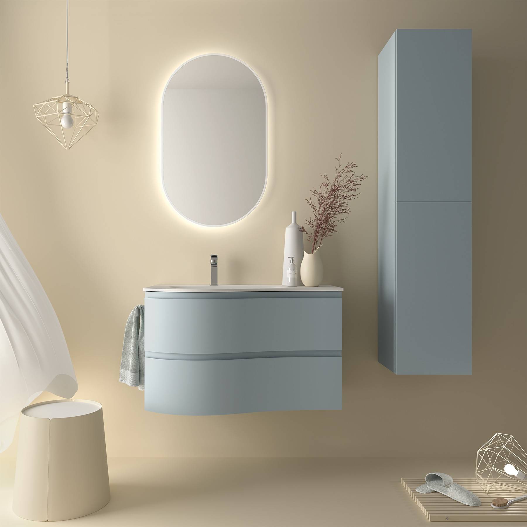 Modernes Badezimmer mit einem hellblauen schwebenden Waschtisch, ovalem Spiegel mit Hintergrundbeleuchtung und einer hängenden Leuchte. Beige Wände ergänzen die minimalistische Einrichtung.