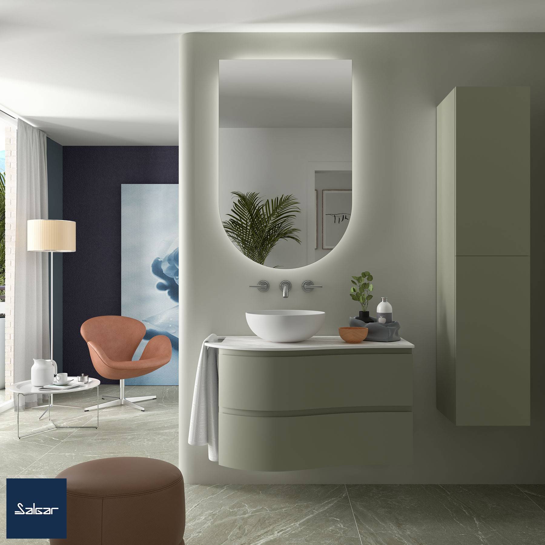 Modernes Badezimmer mit einem schwebenden Waschtisch, ovalem Spiegel und minimaler Dekoration. Ausgestattet mit einem wandmontiertem Waschbecken und einer Topfpflanze.