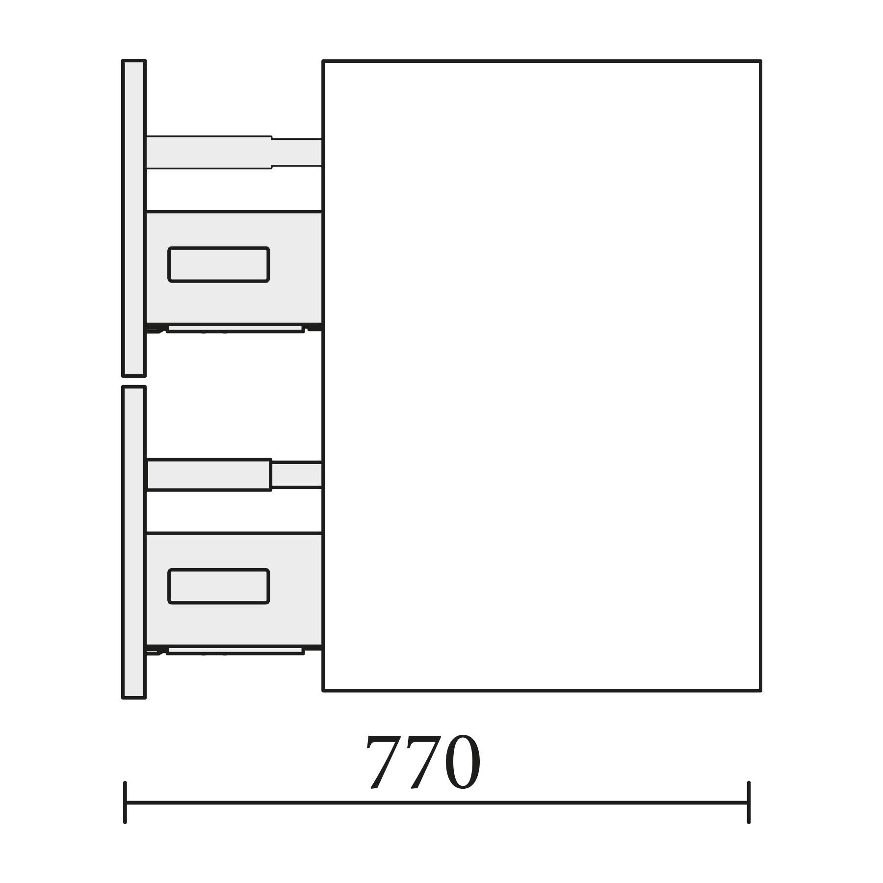 Diagramm einer Schubladeneinheit mit zwei Schubladen. Äußere Abmessungen als 770 Einheiten breit angegeben. Rechteckige Formen stellen Schubladen und Struktur dar.