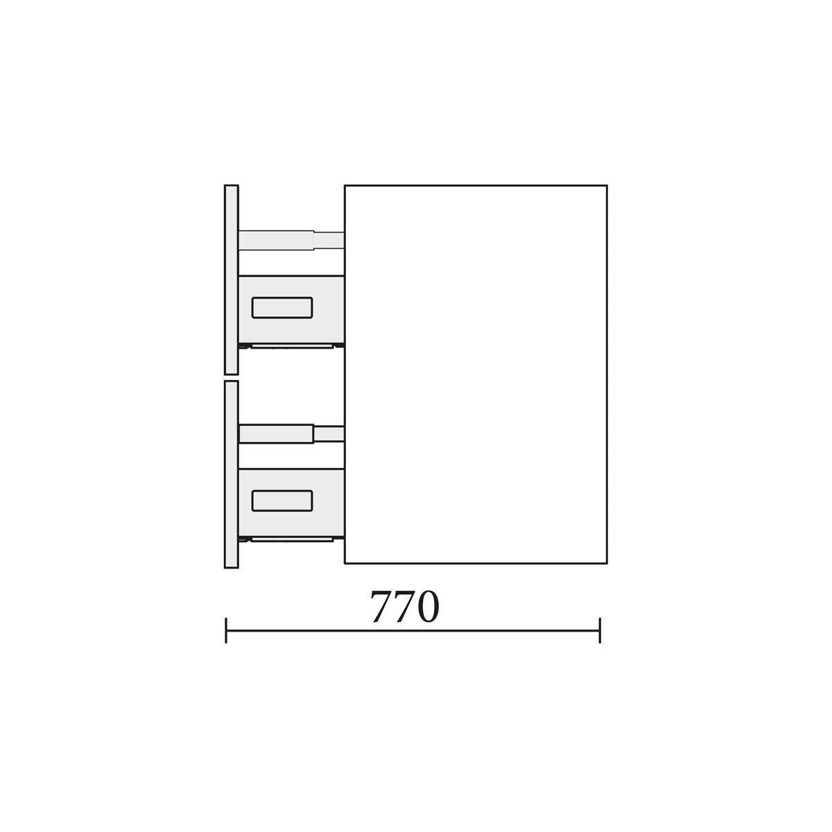 Technisches Diagramm einer Schrank- oder Schubladeneinheit mit Vorderansicht, wobei die Breite mit „770
