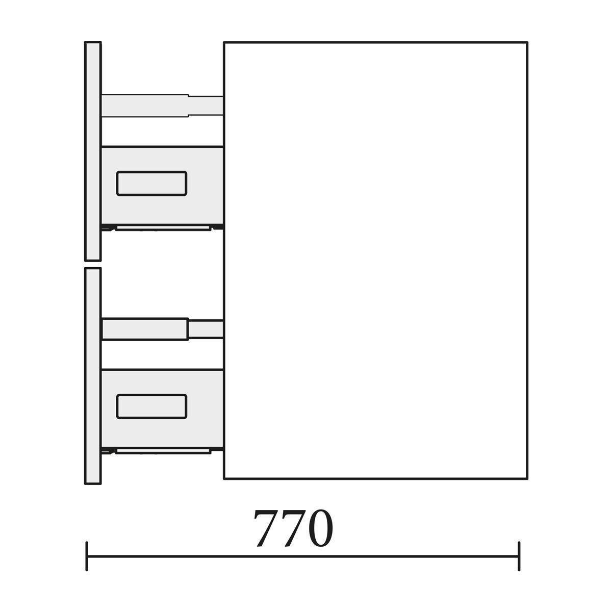 Seitenansicht eines technischen Schaltplans eines rechteckigen Schranks oder einer Platte, mit zwei linksseitigen Montageklammern und einer Breite mit der Bezeichnung „770