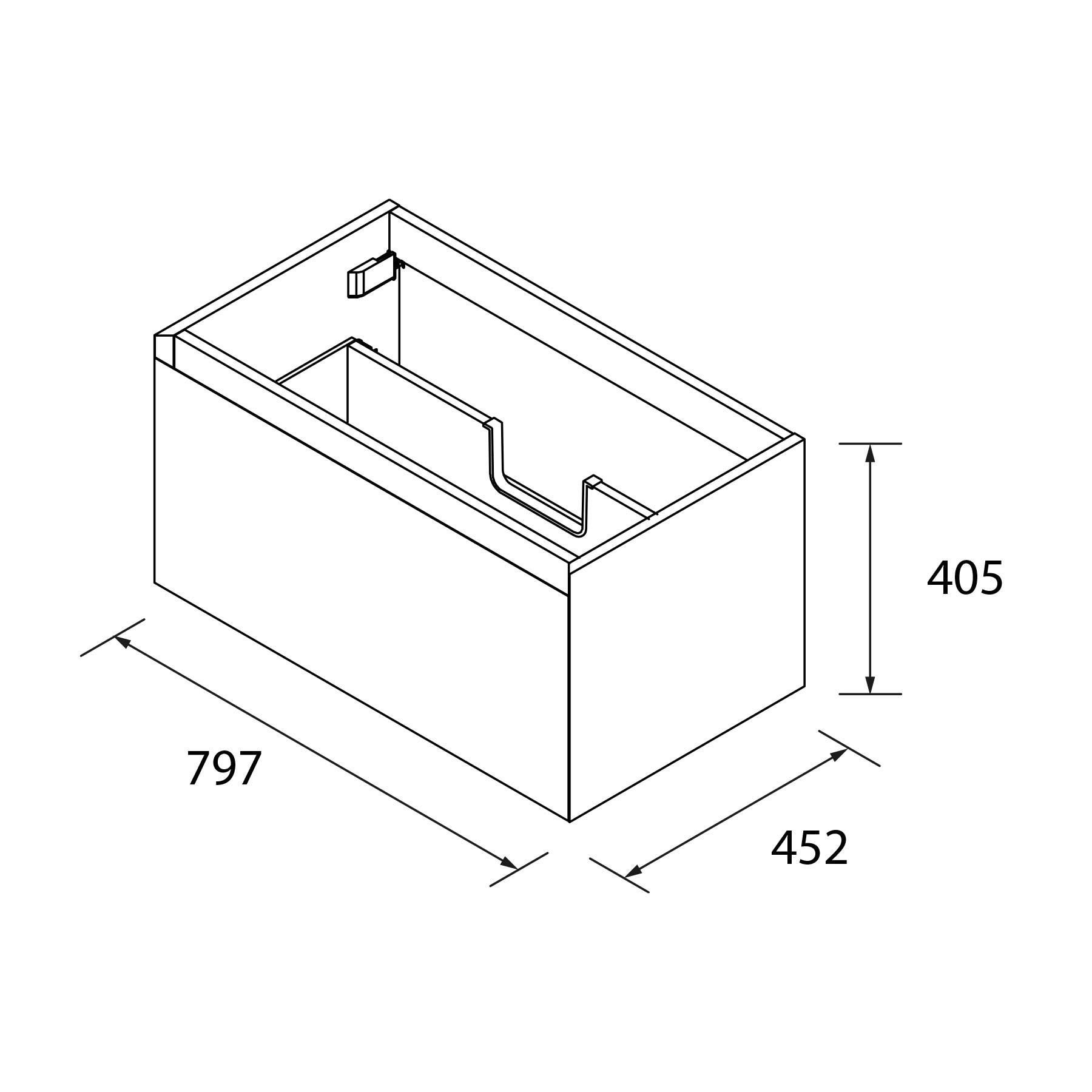 Isometrische Zeichnung einer rechteckigen Box mit Abmessungen: 797 mm Breite, 452 mm Tiefe und 405 mm Höhe.