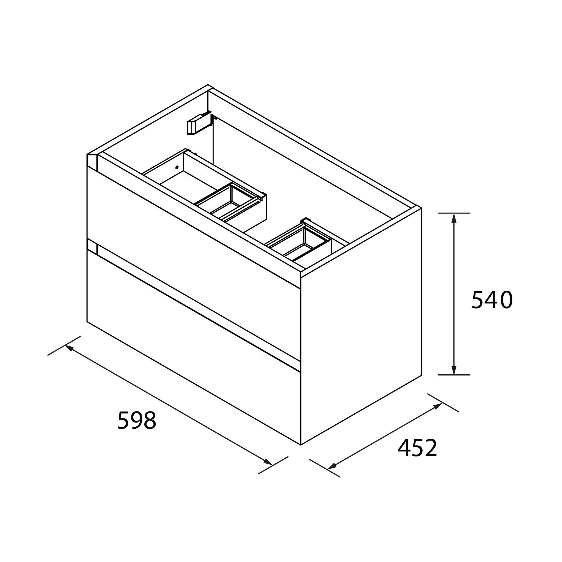 Eine Skizze eines rechteckigen Möbelstücks mit Maßen: Breite 598 mm, Tiefe 452 mm und Höhe 540 mm. Merkmale umfassen Schubladen und Fächer.