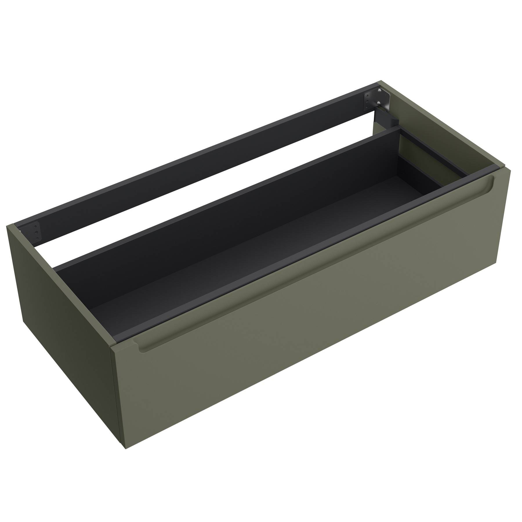Eine rechteckige, olivgrüne Metallpflanzschale mit offener Oberkante, in der keine Pflanzen zu sehen sind.