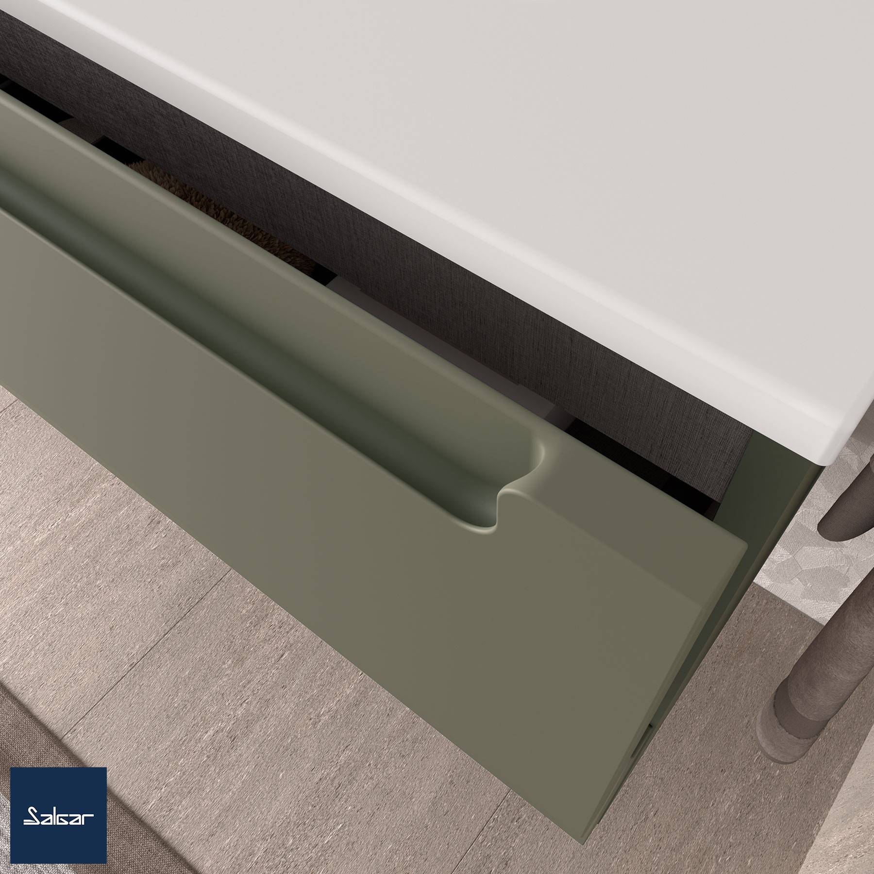 Eine Teilansicht einer modernen Küchenarbeitsplatte mit einer grünen Schublade. Die Arbeitsplatte ist weiß und hat ein schlankes Design auf einem gefliesten Boden.