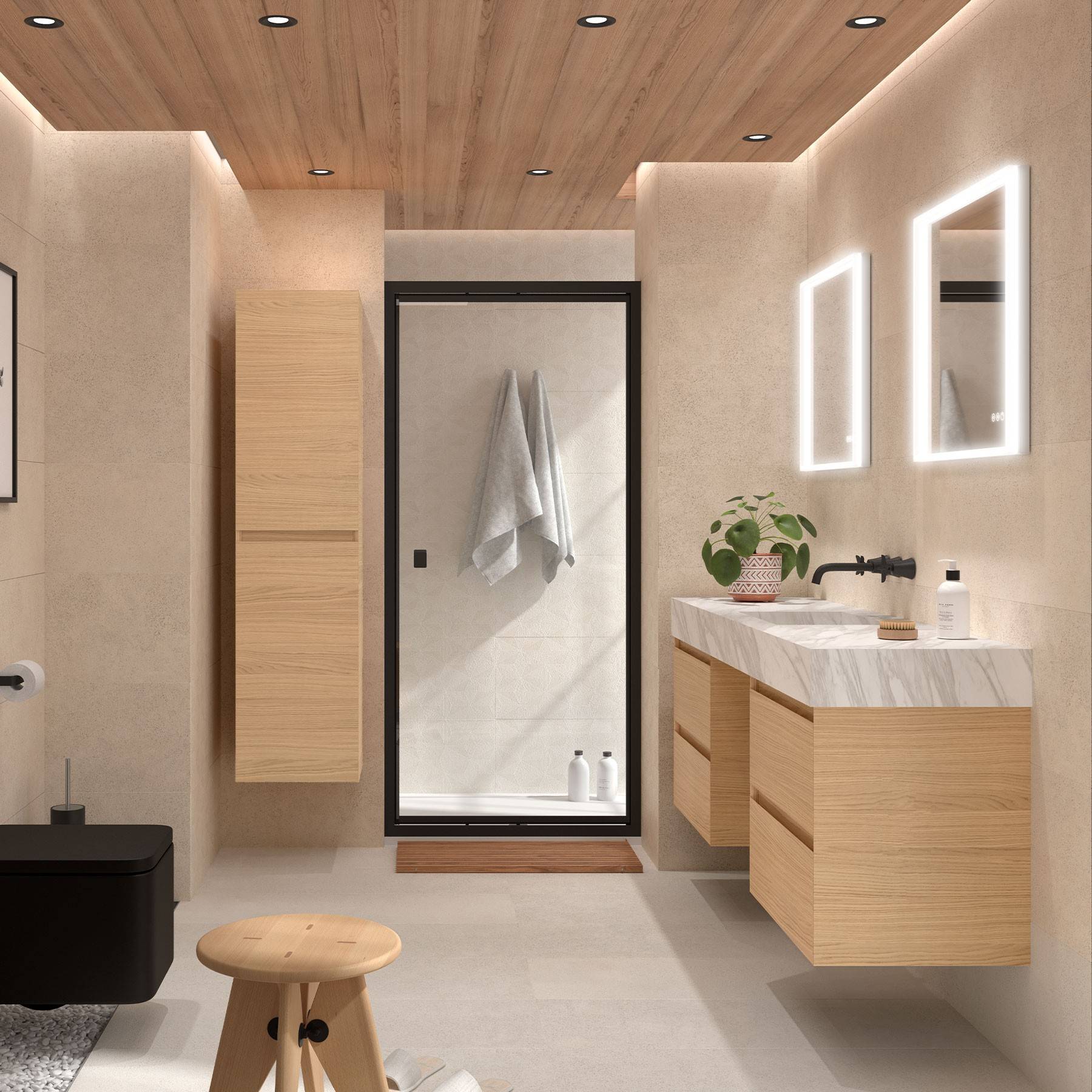 Modernes Badezimmer mit Holzschränken, Doppelspiegeln und einer begehbaren Dusche. Sanftes Licht und neutrale Töne schaffen eine ruhige Atmosphäre.