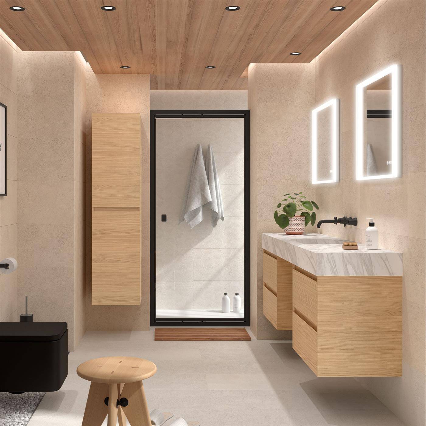 Modernes beiges Badezimmer mit schwebendem Holzwaschtisch, beleuchteten Spiegeln, Duschkabine, Handtuch, Pflanze und Hocker.