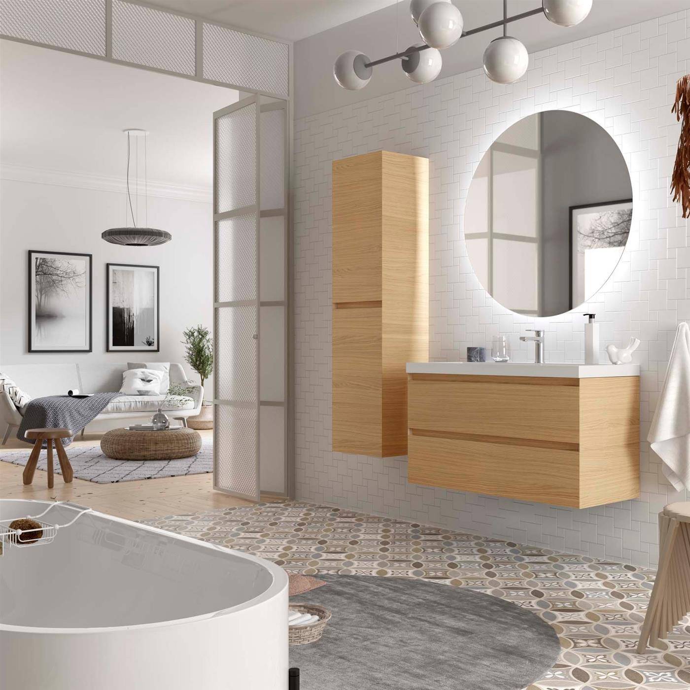 Modernes Badezimmer mit schwebendem Holzwaschtisch, rundem Spiegel, Wandschrank, gemustertem Fliesenboden und angrenzendem Schlafzimmerbereich, der durch die offene Tür sichtbar ist.