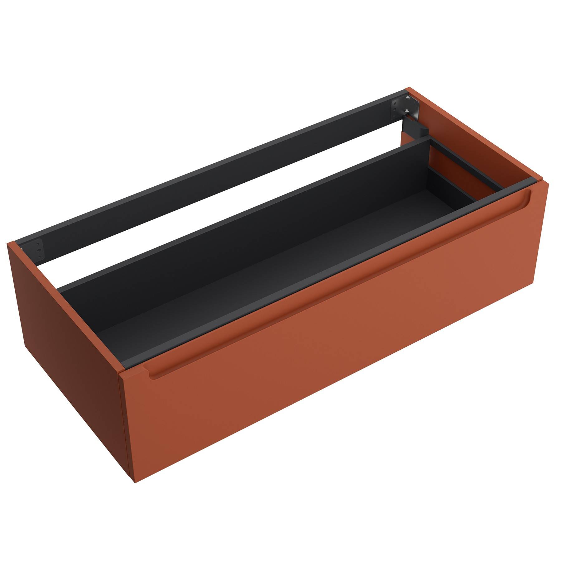 Eine rote rechteckige Pflanzbox mit offener Oberseite und schwarzem Innenraum.