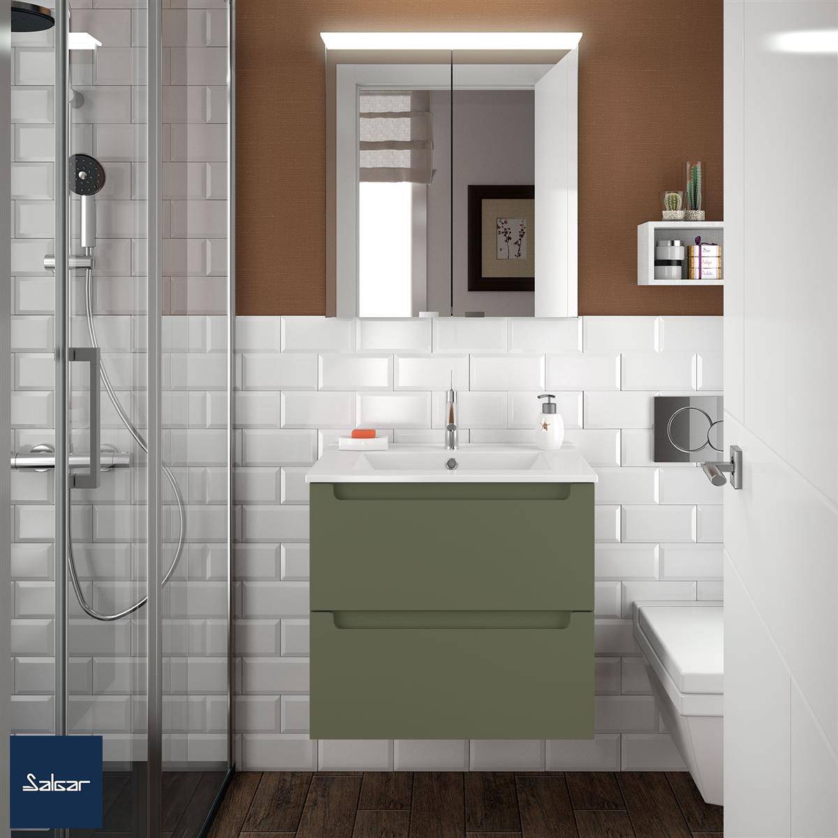 Modernes Badezimmer mit Glasdusche, olivgrünem Waschtisch, Wandspiegel, weißen U-Bahn-Fliesen und integriertem Toilettenbereich.