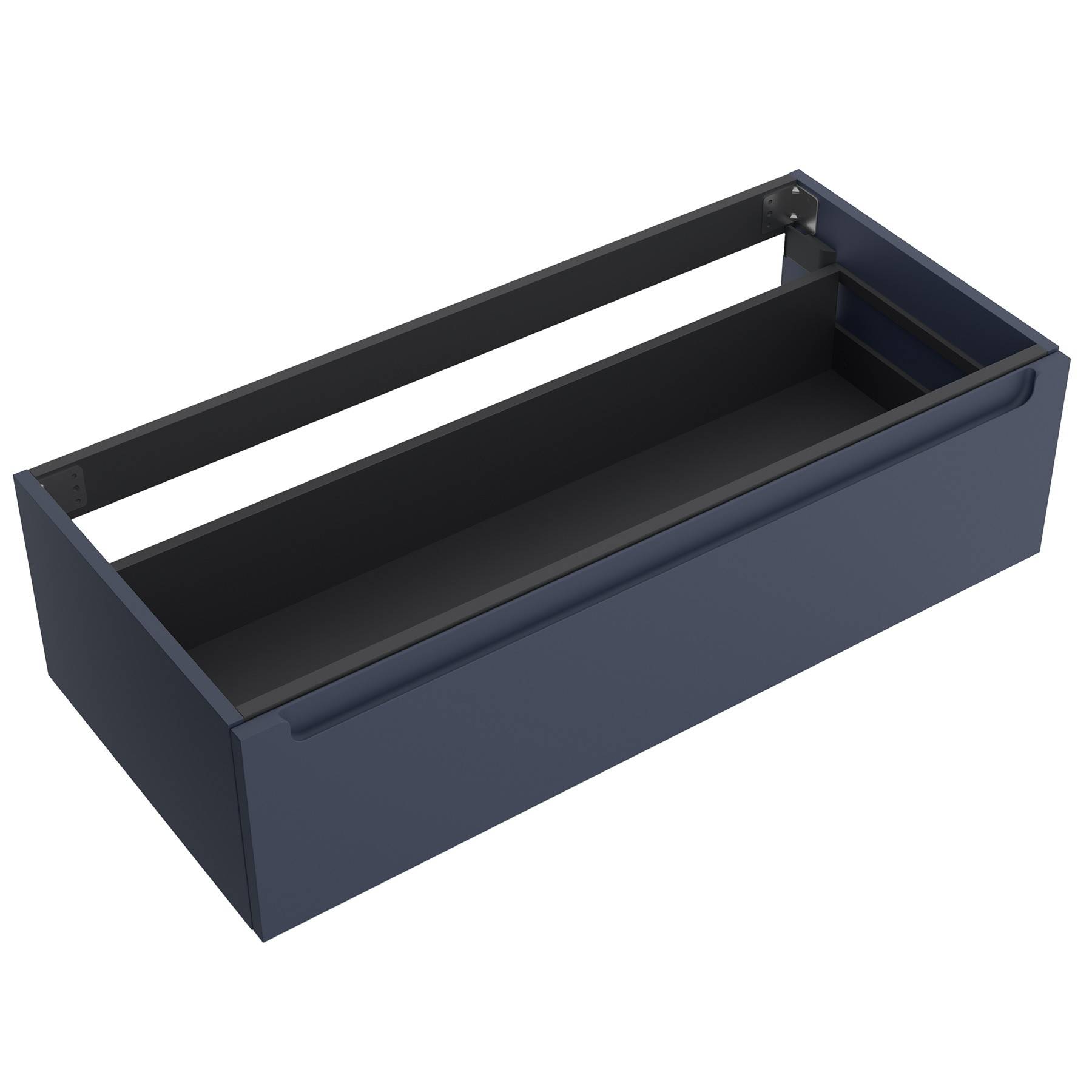 Marineblaue Schublade ohne Griff, geöffnet, um das leere Innere zu zeigen, zum Wandmontieren oder Einbau in einen Schrank konzipiert.