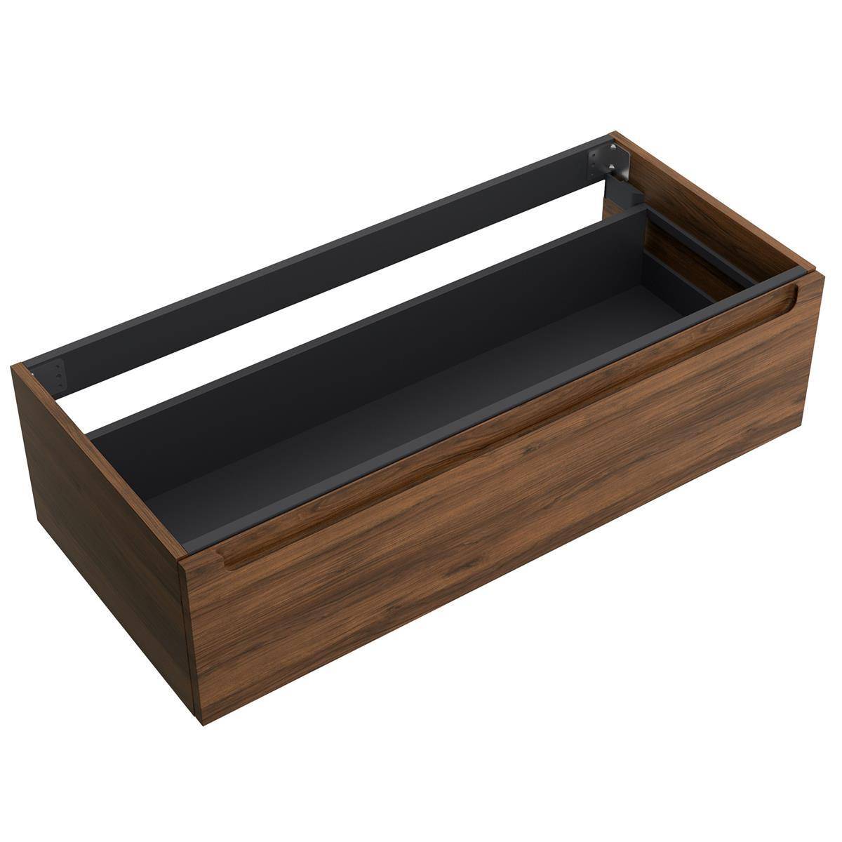 Holzschubladenkasten mit schwarzen Metallseiten und offenem Rahmen, leer auf weißem Hintergrund dargestellt.