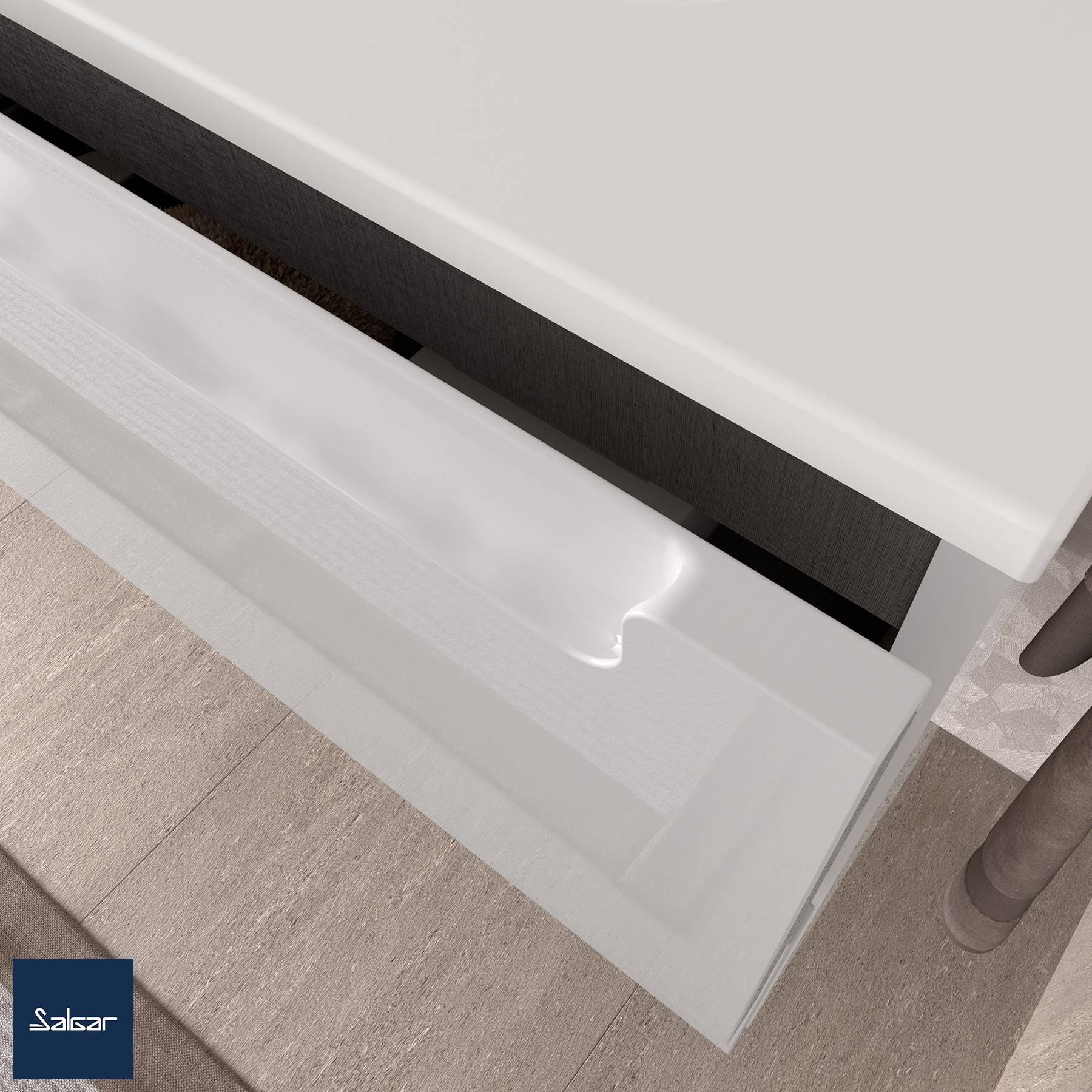 Bild zeigt eine Nahaufnahme einer minimalistischen weißen Schublade, die leicht geöffnet auf einem hellen Holzboden steht.