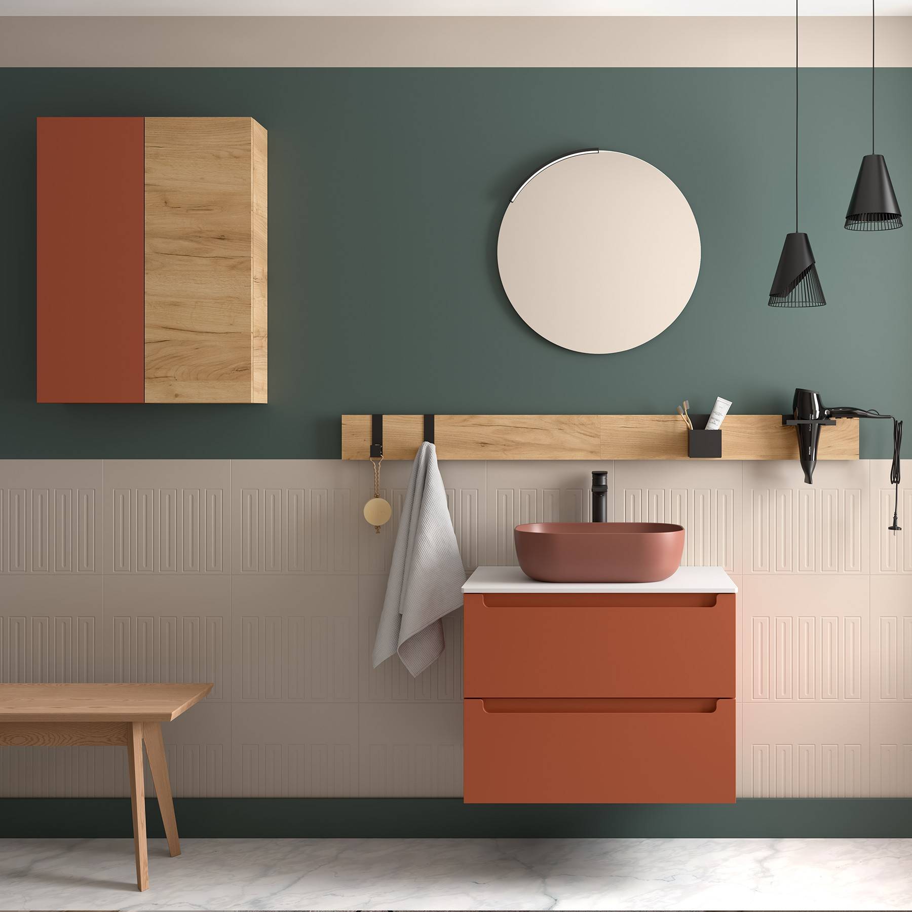 Ein modernes Badezimmer mit einer grün-beigen Farbgestaltung. Ausgestattet mit einem wandmontiertem Waschtisch mit einem runden Spiegel, orangefarbenem Waschbecken und Holzakzenten.