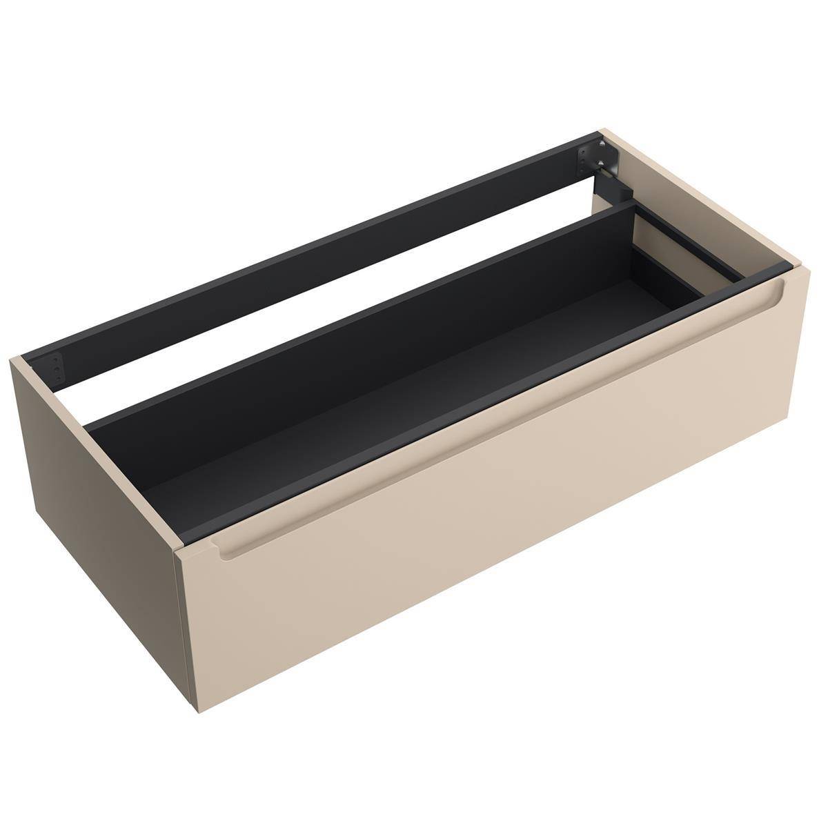 Offenes beiges Schubladenorganizer-Tablett mit schwarzem Inneren und Metallseitenschienen, leer auf weißem Hintergrund dargestellt.