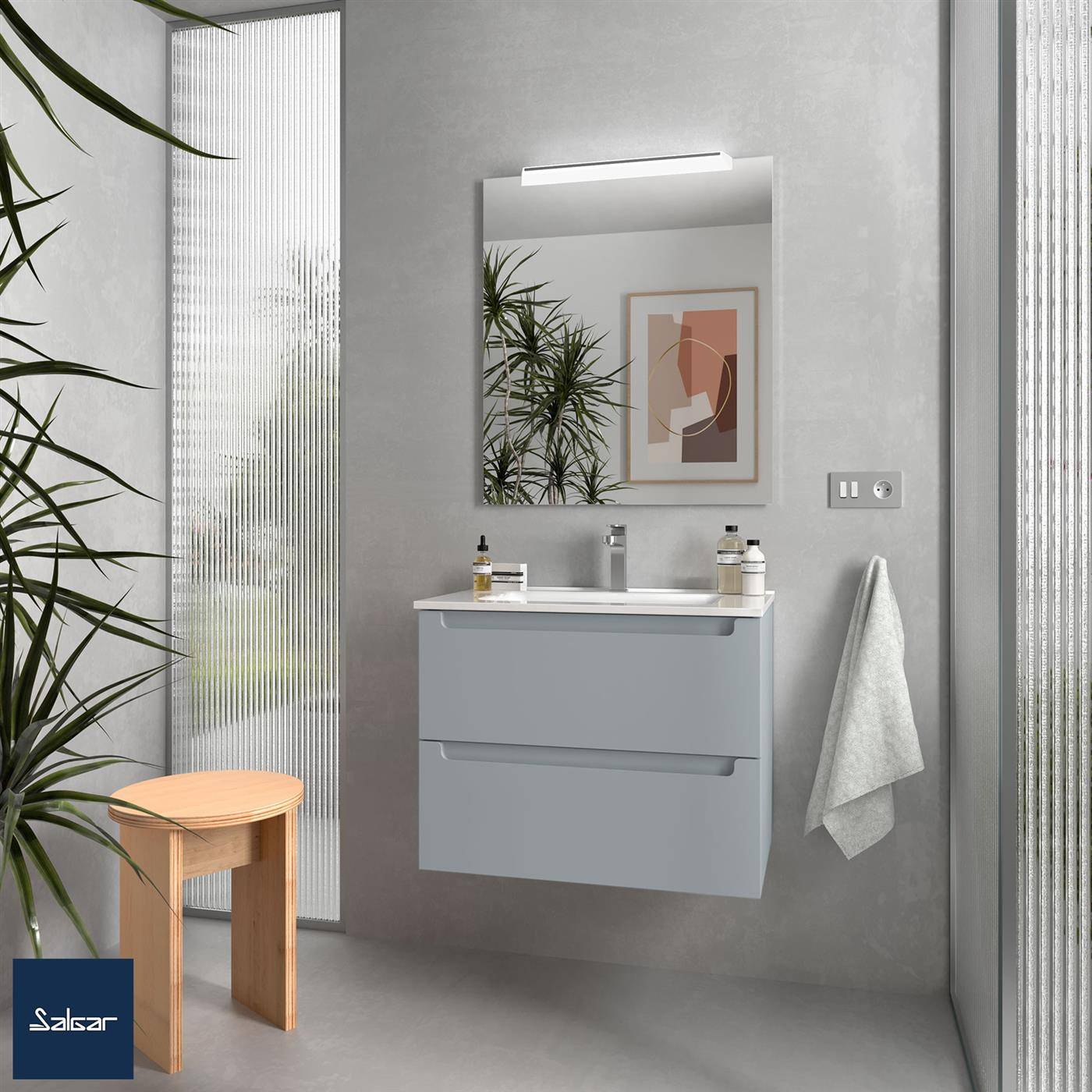 Modernes Badezimmer-Waschtisch mit Spiegel und Beleuchtung, schwebendes graues Waschbecken-Unterschrank, Handtuch, Hocker und Pflanzen in einem minimalistischen Innenraum.