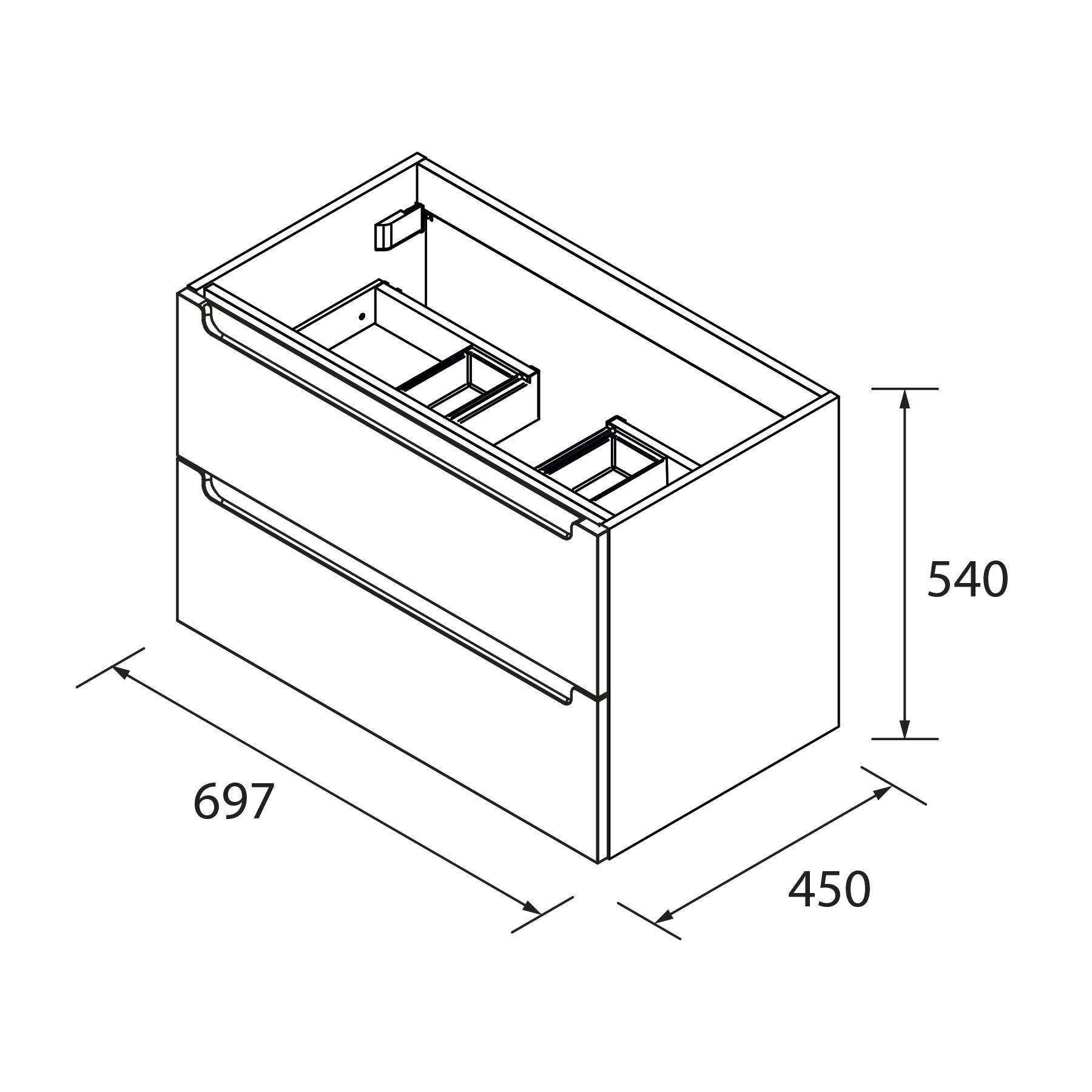 Diagramm eines Schranks mit zwei Schubladen, Abmessungen: Breite 697 mm, Tiefe 450 mm, Höhe 540 mm.