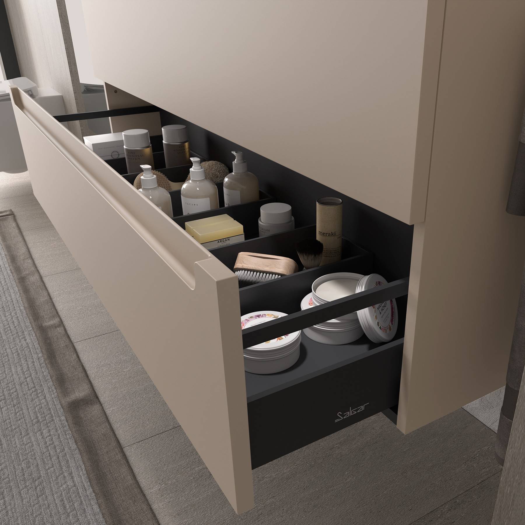 Öffnen Sie die Badezimmerschublade mit verschiedenen Hautpflegeprodukten und Kosmetika, die ordentlich im Inneren angeordnet sind.