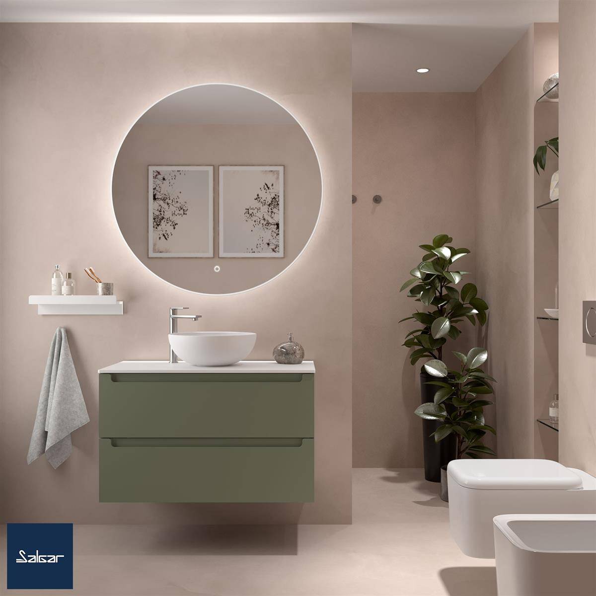 Modernes Badezimmer mit schwebendem grünem Waschtisch, rundem beleuchteten Spiegel, Aufsatzwaschbecken, Handtuchstange, Wandregal, Topfpflanze und weißer Toilette.