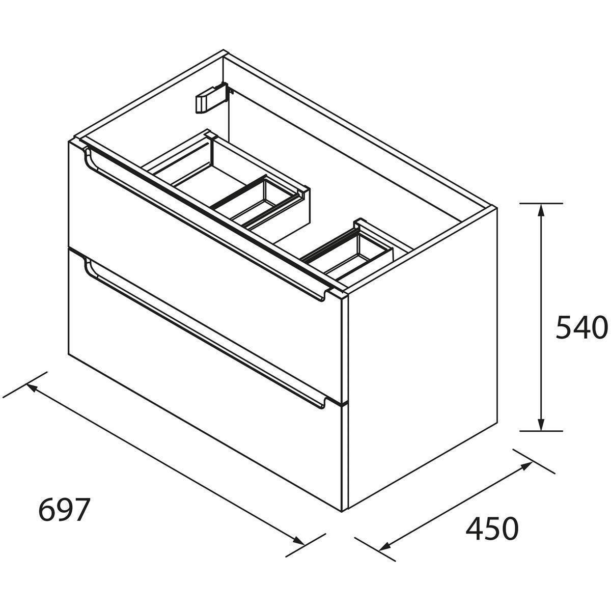 Isometrische Maßzeichnung eines rechteckigen Schrank- oder Schubladenelements mit einer Breite von 697, einer Tiefe von 450 und einer Höhe von 540, mit internen ausziehbaren Tabletts.
