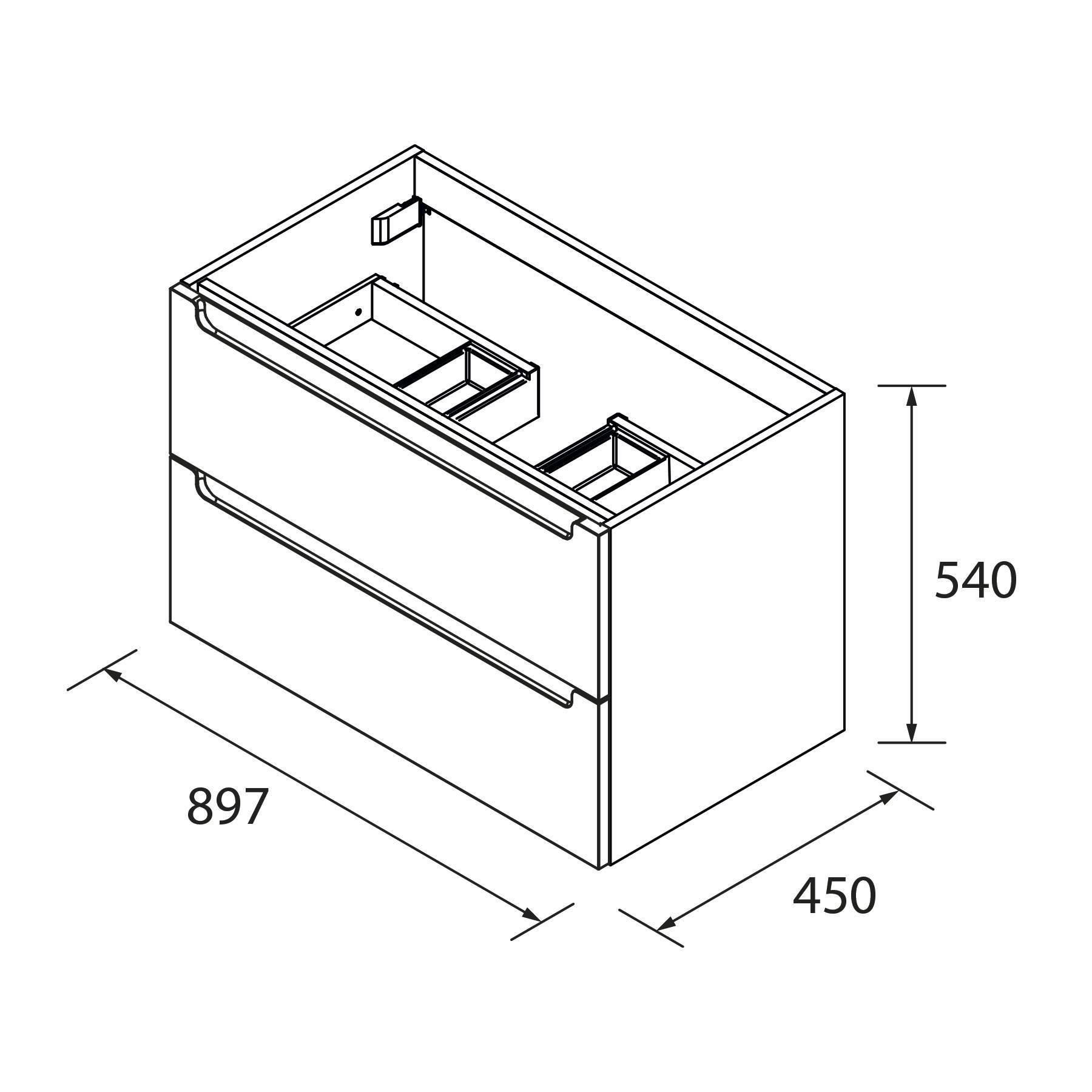 Technische Zeichnung eines Schranks mit zwei Schubladen und Innenteilern, mit folgenden Abmessungen: Breite 897 mm, Tiefe 450 mm, Höhe 540 mm.
