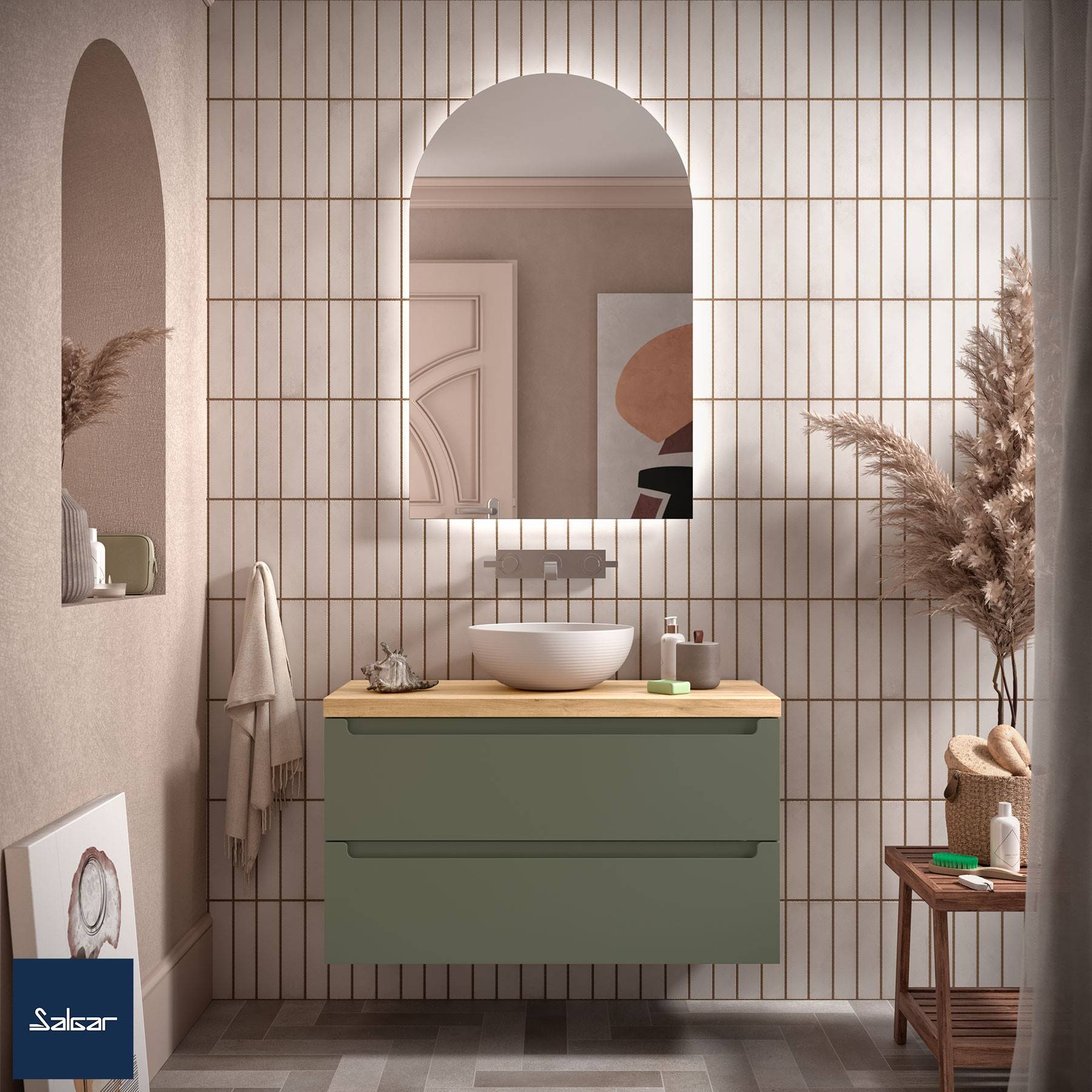 Ein modernes Badezimmer mit einem grünen schwebenden Waschtisch, einem runden Aufsatzbecken und einem runden Spiegel. Dekorative Pflanzen und Handtücher verschönern den Raum.