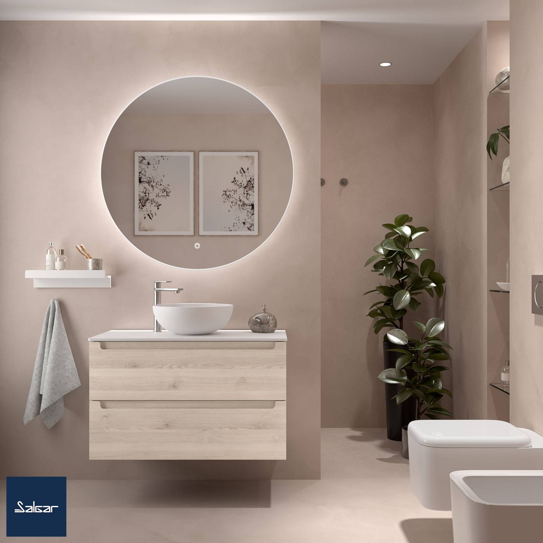 Modernes Badezimmer mit einem runden Spiegel, Waschtisch, Pflanzen und neutralen Wänden. Ausgestattet mit Toilette und Bidet, mit minimalistischen Designelementen.