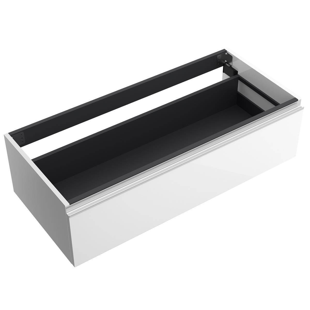 Eine offene rechteckige weiß-schwarze Schublade oder Aufbewahrungsbox in perspektivischer Ansicht auf weißem Hintergrund.