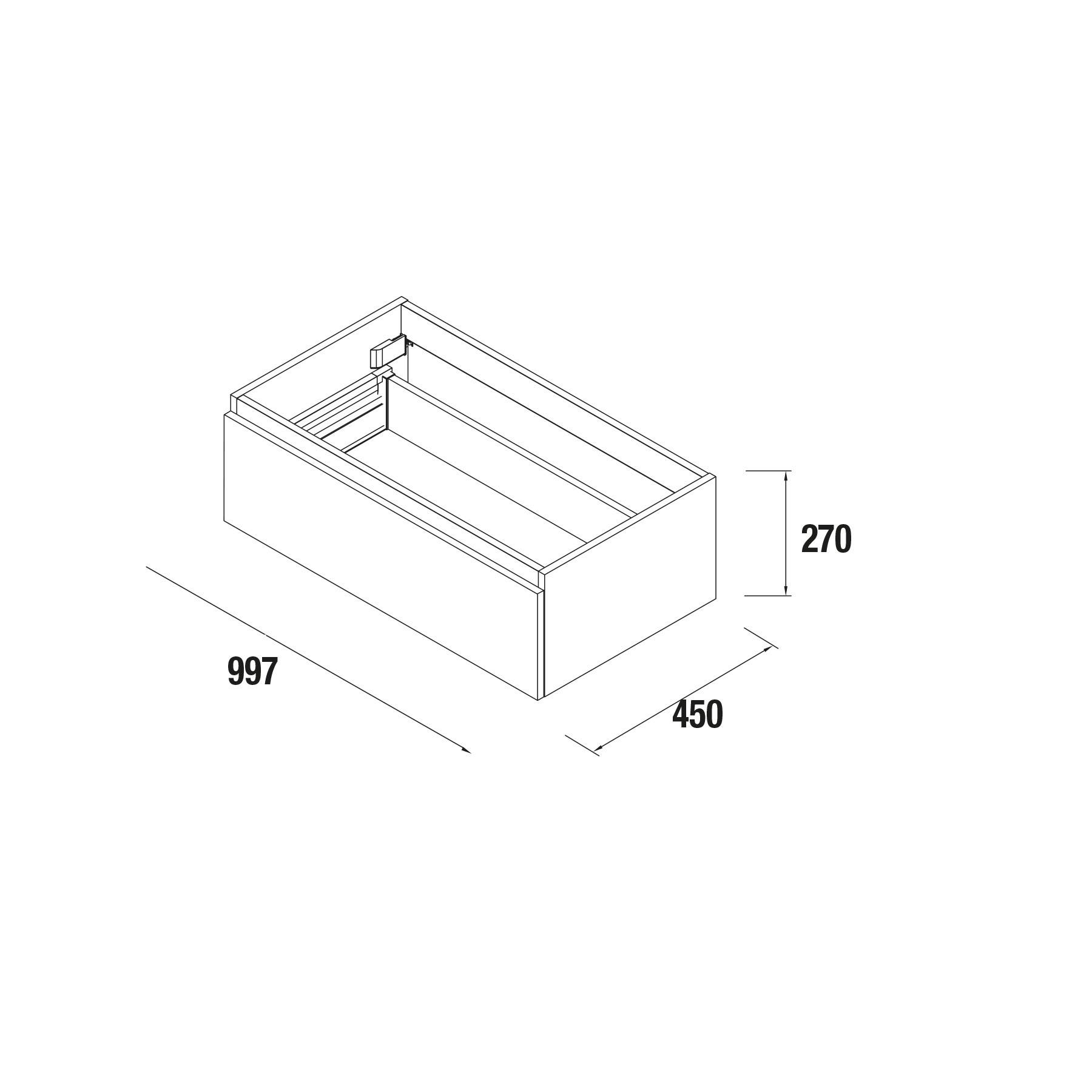 Rechteckige Box-Diagramm mit markierten Abmessungen: 997 Einheiten lang, 450 Einheiten breit und 270 Einheiten hoch.