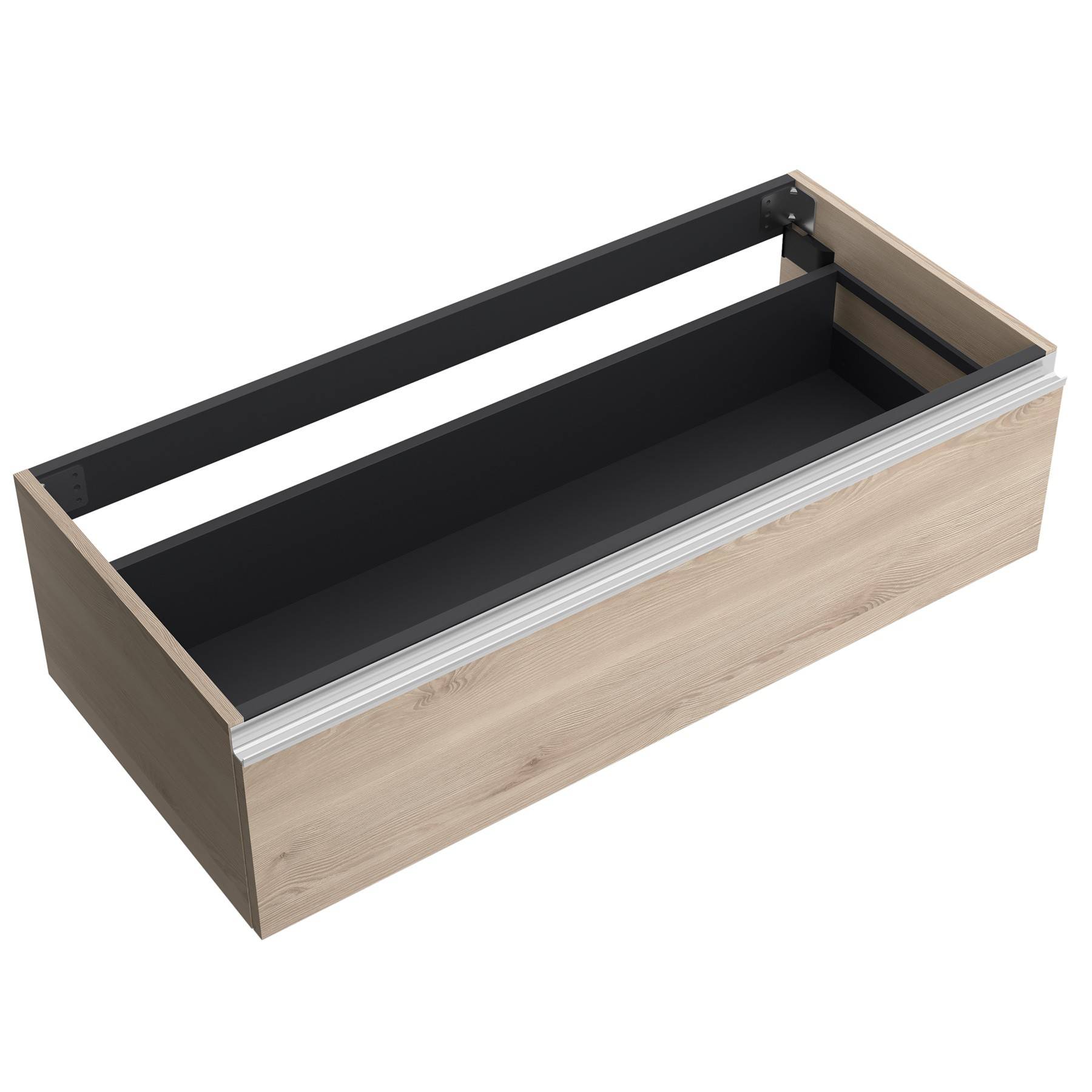 Eine Holzschublade mit schwarzem Innenraum und silbernem Griff, konzipiert für die Montage an Wandeinheiten und mit Schwerpunkt auf modernem Wohnmöbeldesign.