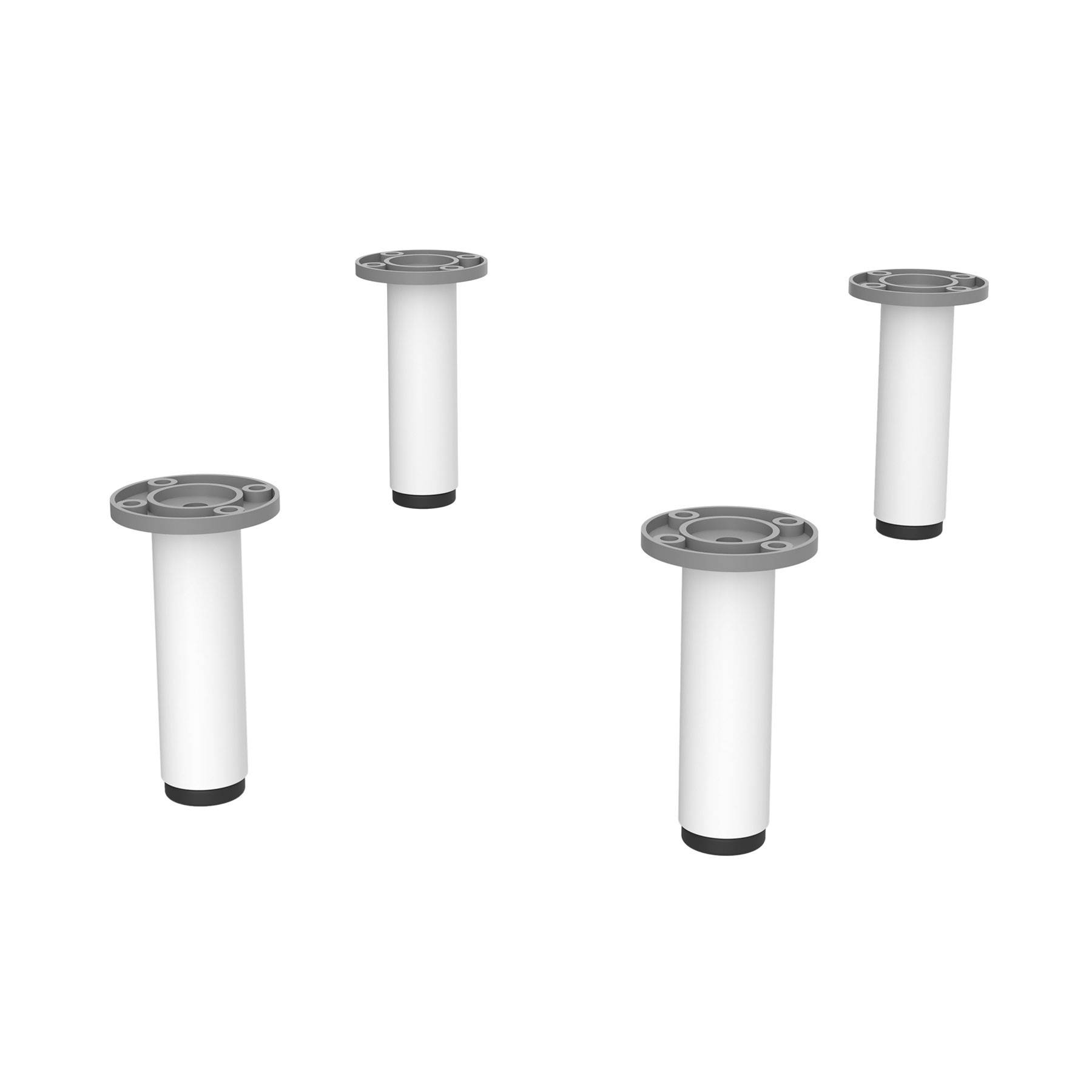 Vier weiße zylindrische Möbelbeine mit runden grauen Montageplatten, in einer Gruppe angeordnet, isoliert auf weißem Hintergrund.