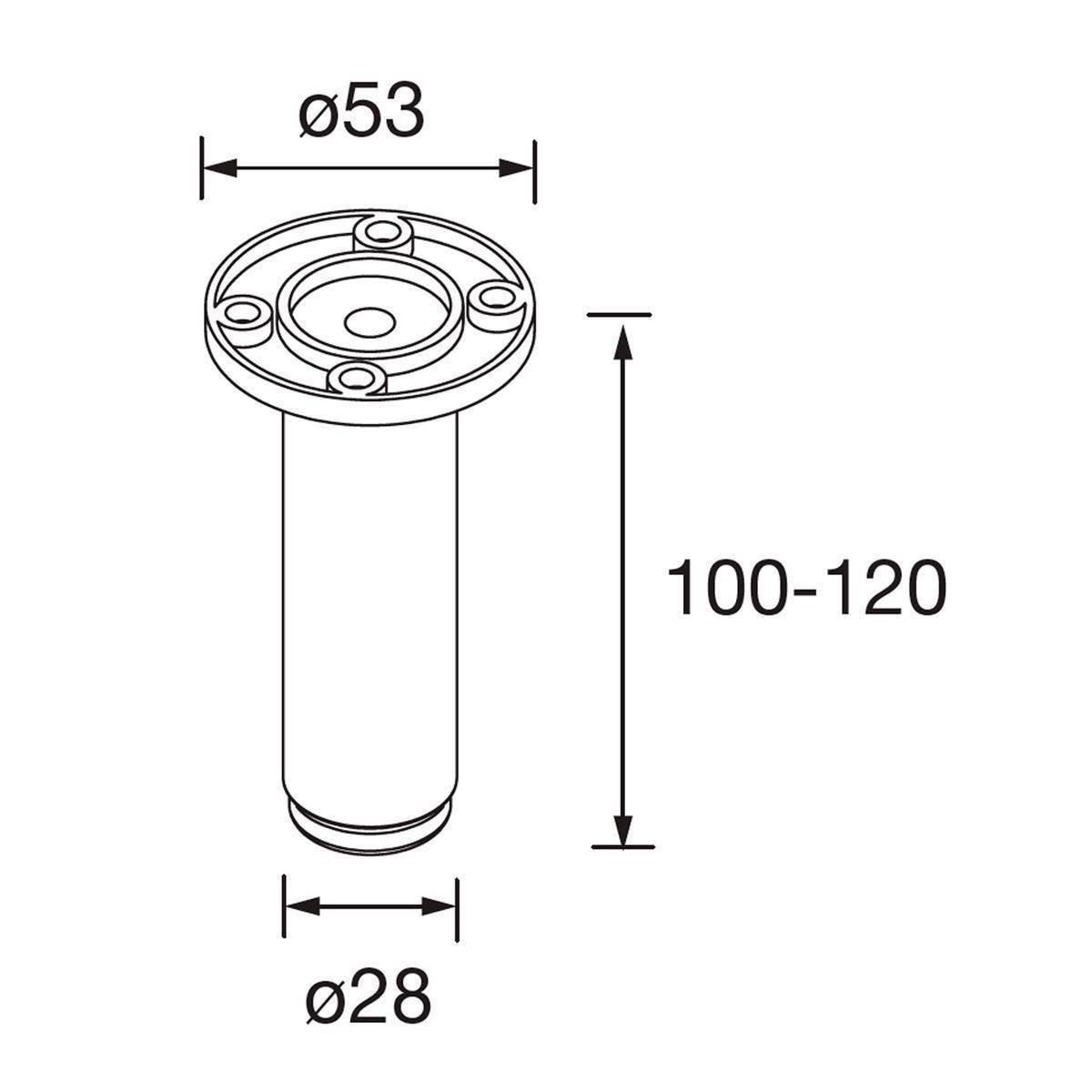 Technische Zeichnung eines Zylinderbauteils mit Flansch, zeigt die Abmessungen ø53 Oberdurchmesser, ø28 Unterdurchmesser und 100-120 Höhe.