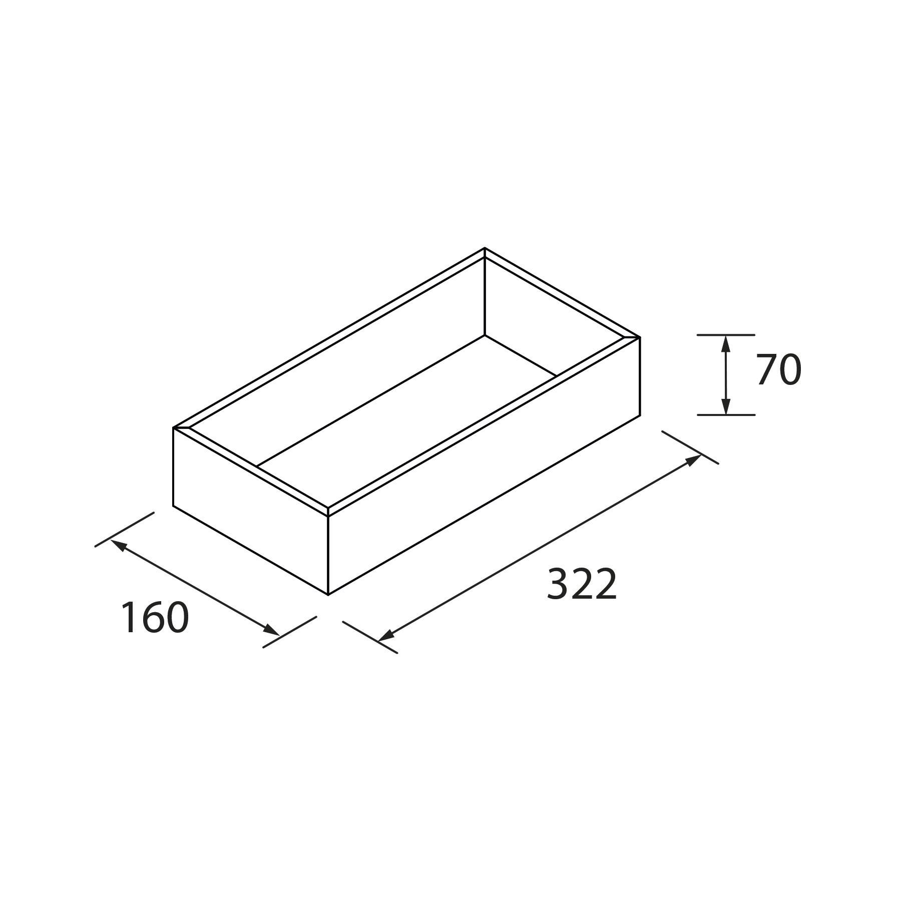 Rechteckige Box-Diagramm mit Abmessungen: Länge 322, Breite 160, Höhe 70.