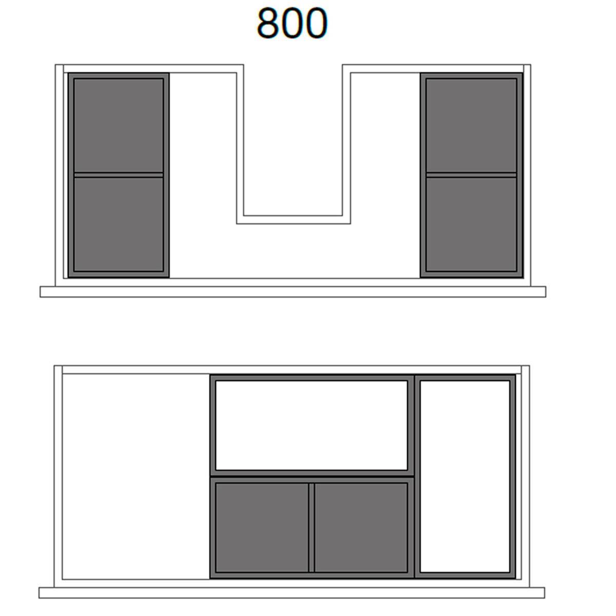 Architektonische Ansicht mit einem Einbauschrank-Layout, 800 breit, mit zwei hohen Seitenkompartimenten und einer zentralen zurückversetzten Öffnung über dem unteren Stauraum.